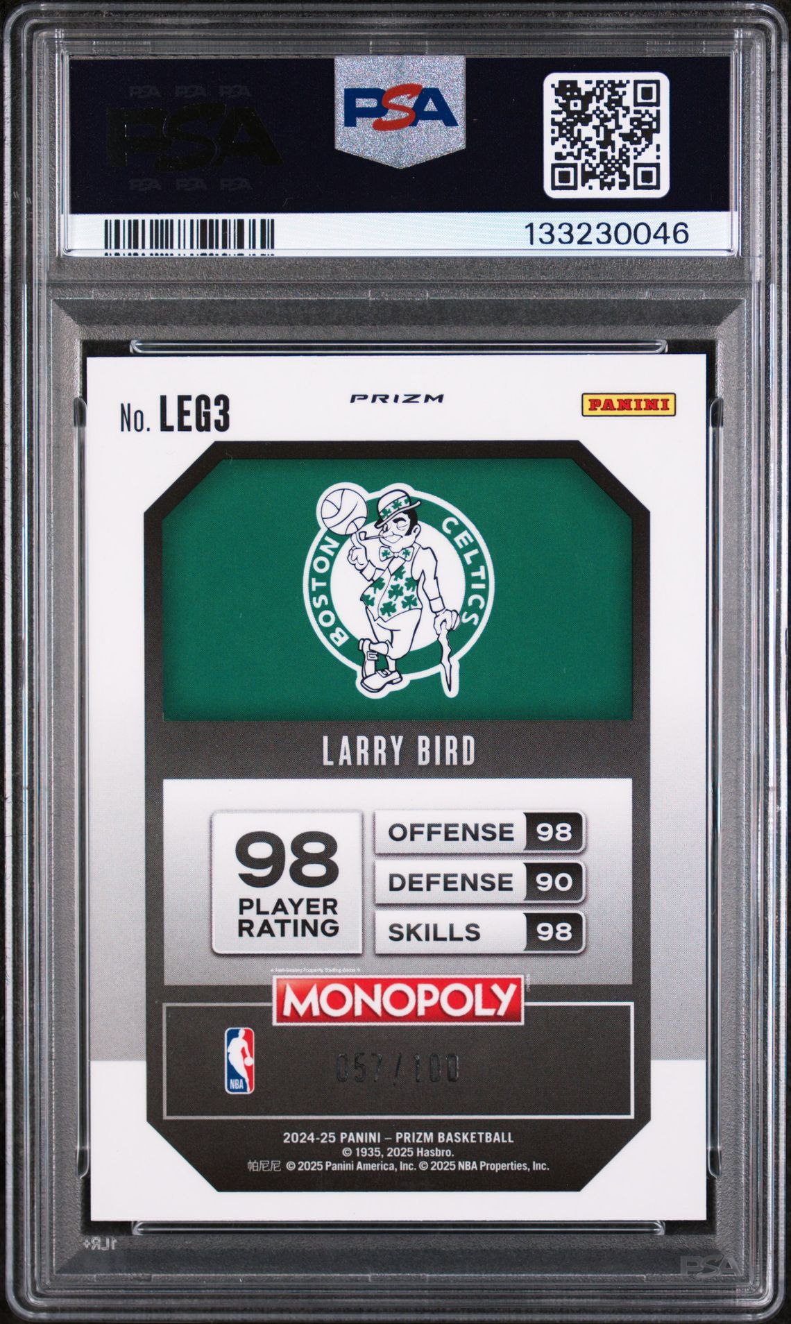 2024 Panini Prizm Monopoly Legends Larry Bird #Leg3 (Legends-Red Millionaire Shim) Gem Mt 10 back view - PSA certificate #133230046