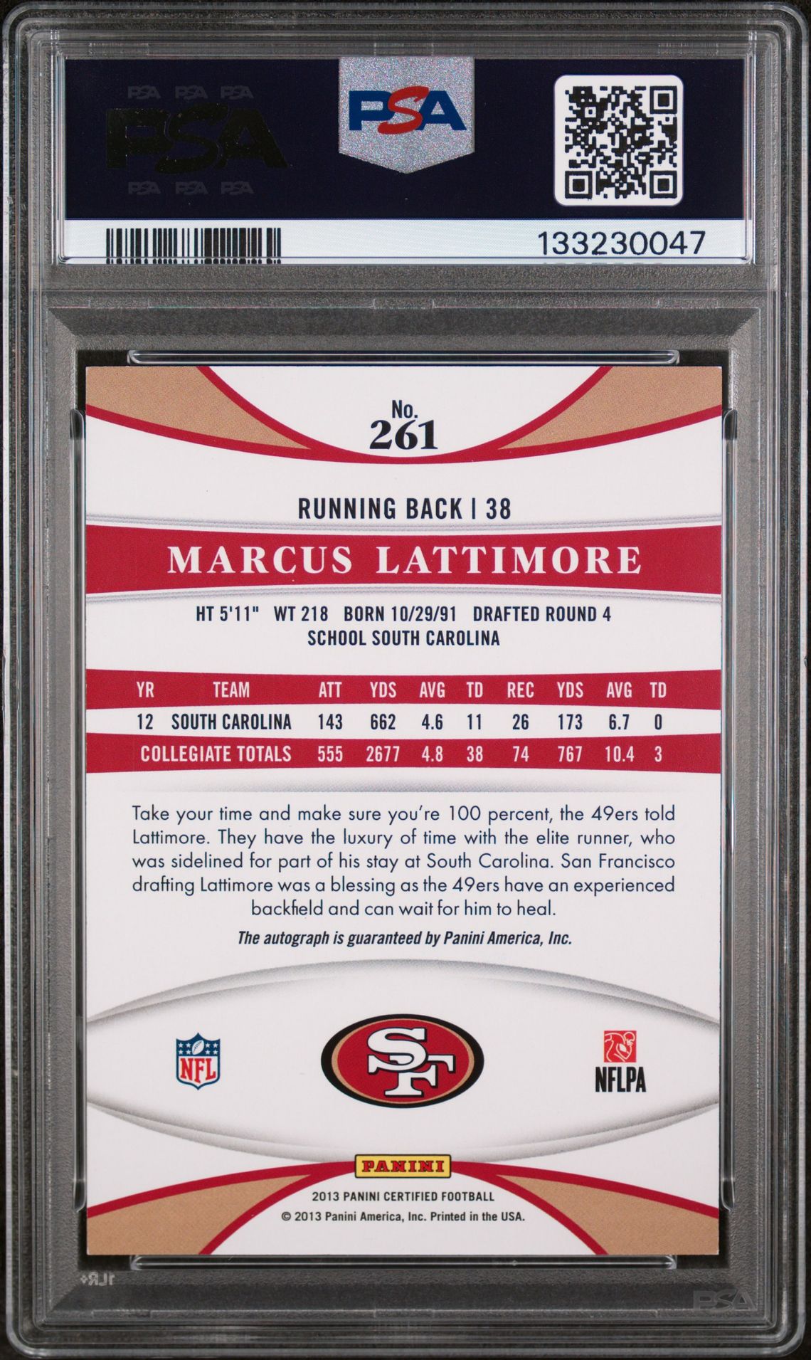 2013 Panini Certified Marcus Lattimore #261 (Mirror Red-Signature) Nm-Mt 8 back