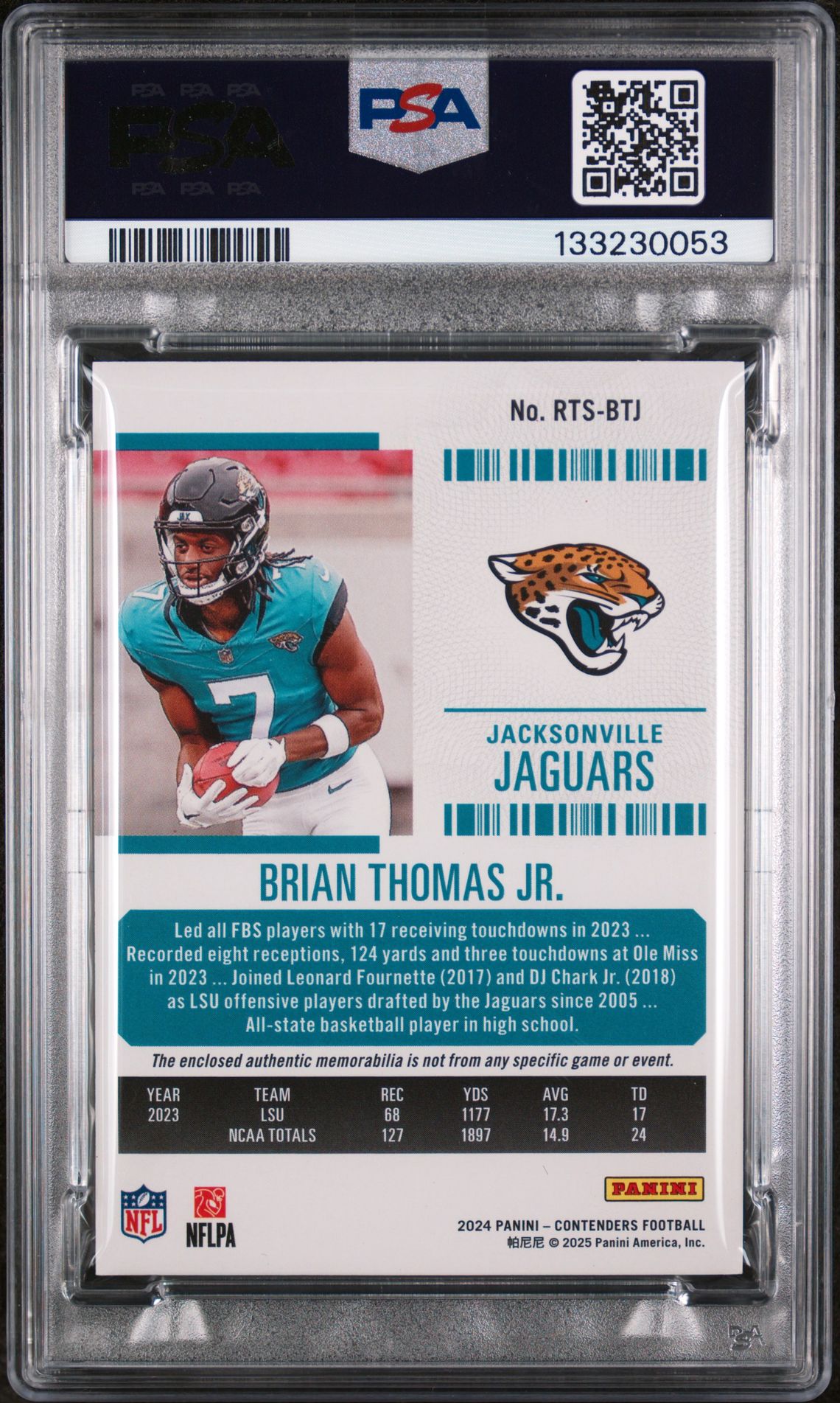 2024 Panini Contenders Rookie Ticket Swatches Brian Thomas Jr. #Rtsbtj Mint 9 back