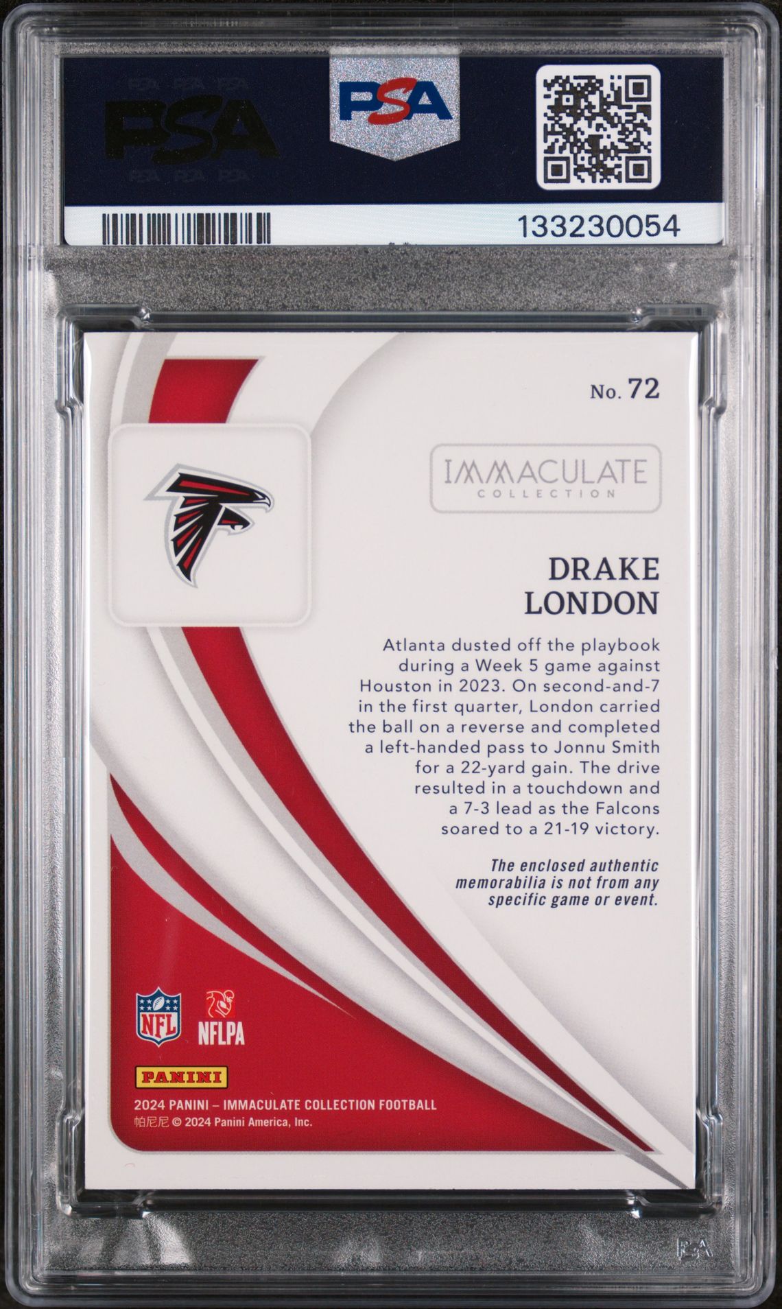 2024 Panini Immaculate Collection Drake London #72 (Memorabilia-Red) Gem Mt 10 back