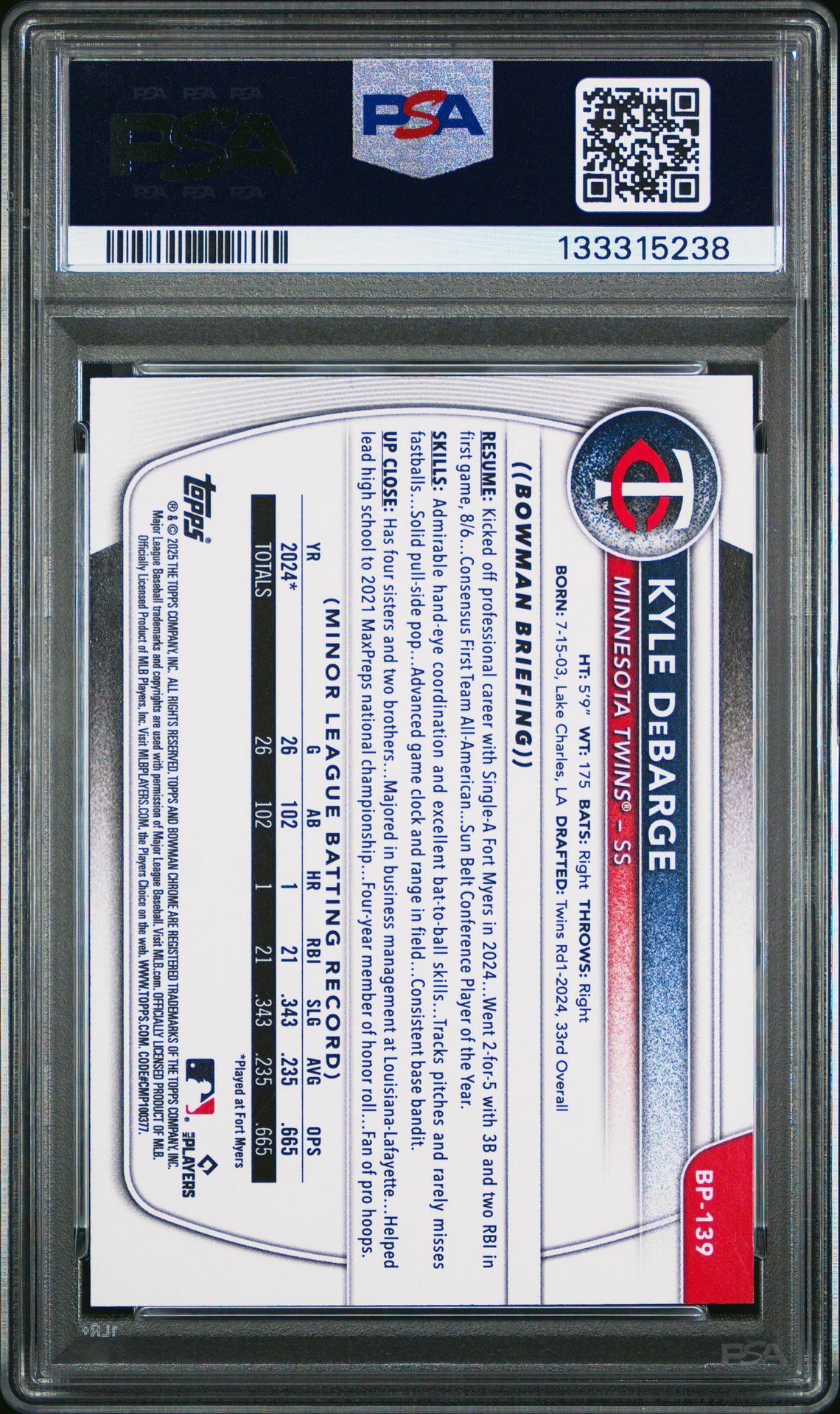 2025 Bowman Paper Prospects Kyle Debarge #Bp139 (Paper Prospects-Gold) Mint 9 back