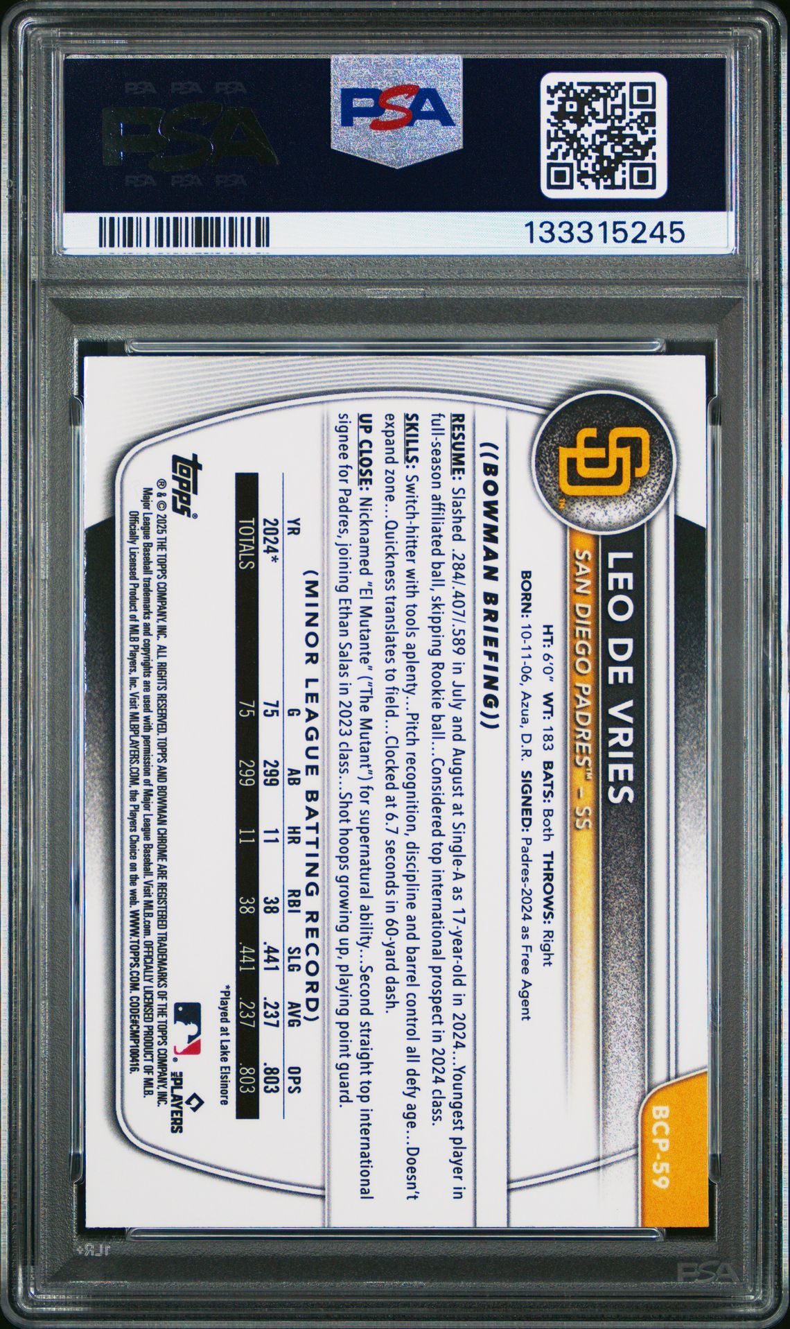 2025 Bowman Sapphire Edition Chrome Prospects Leo De Vries #Bcp59 (Chrome Prospect-Yellow) Gem Mt 10 back