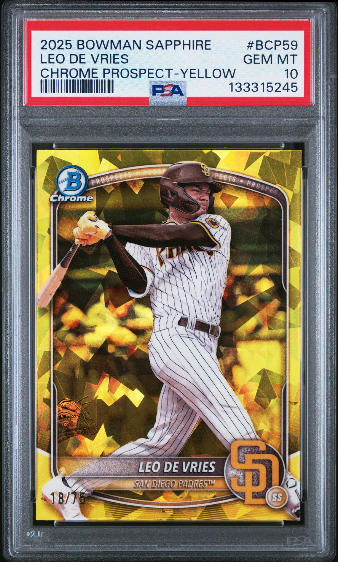 2025 Bowman Sapphire Edition Chrome Prospects Leo De Vries #Bcp59 (Chrome Prospect-Yellow) Gem Mt 10 front