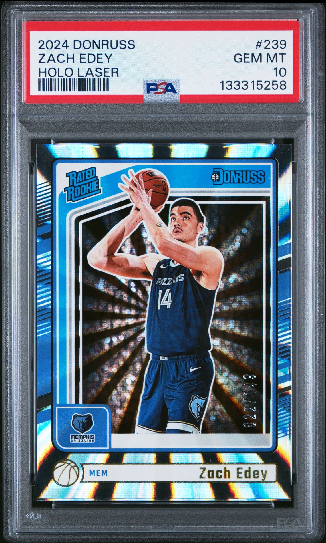 2024 Panini Donruss Zach Edey #239 (Holo Laser) Gem Mt 10 front