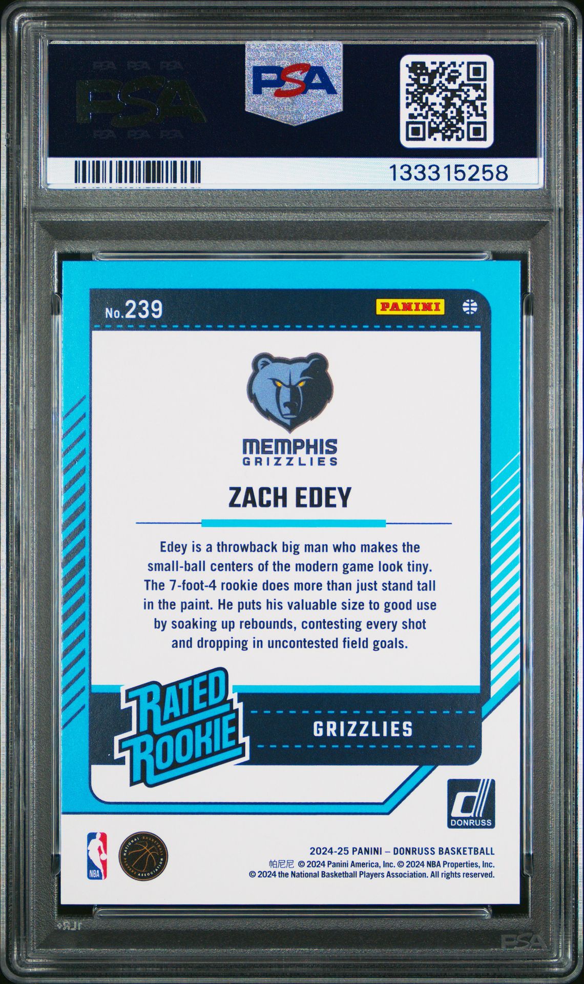 2024 Panini Donruss Zach Edey #239 (Holo Laser) Gem Mt 10 back