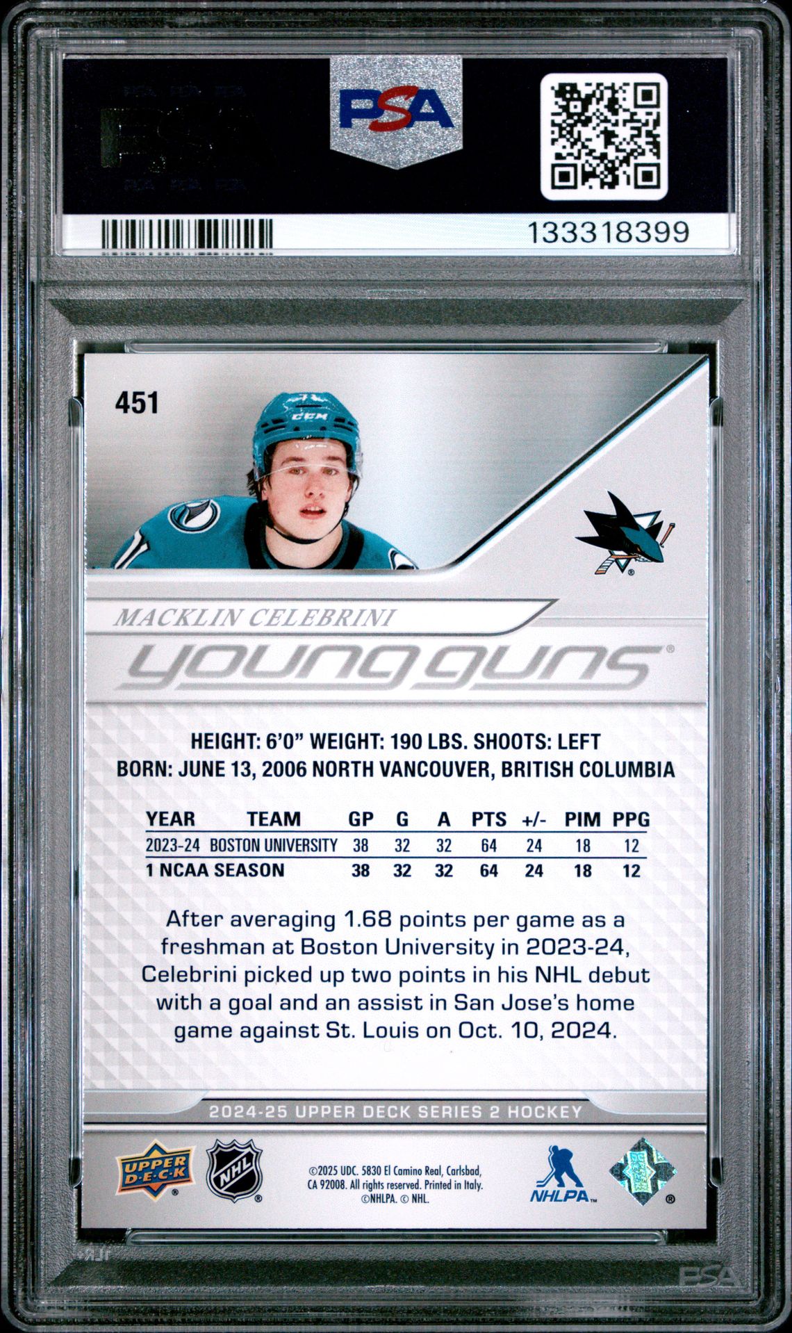 2024 Upper Deck Macklin Celebrini #451 Gem Mt 10 back