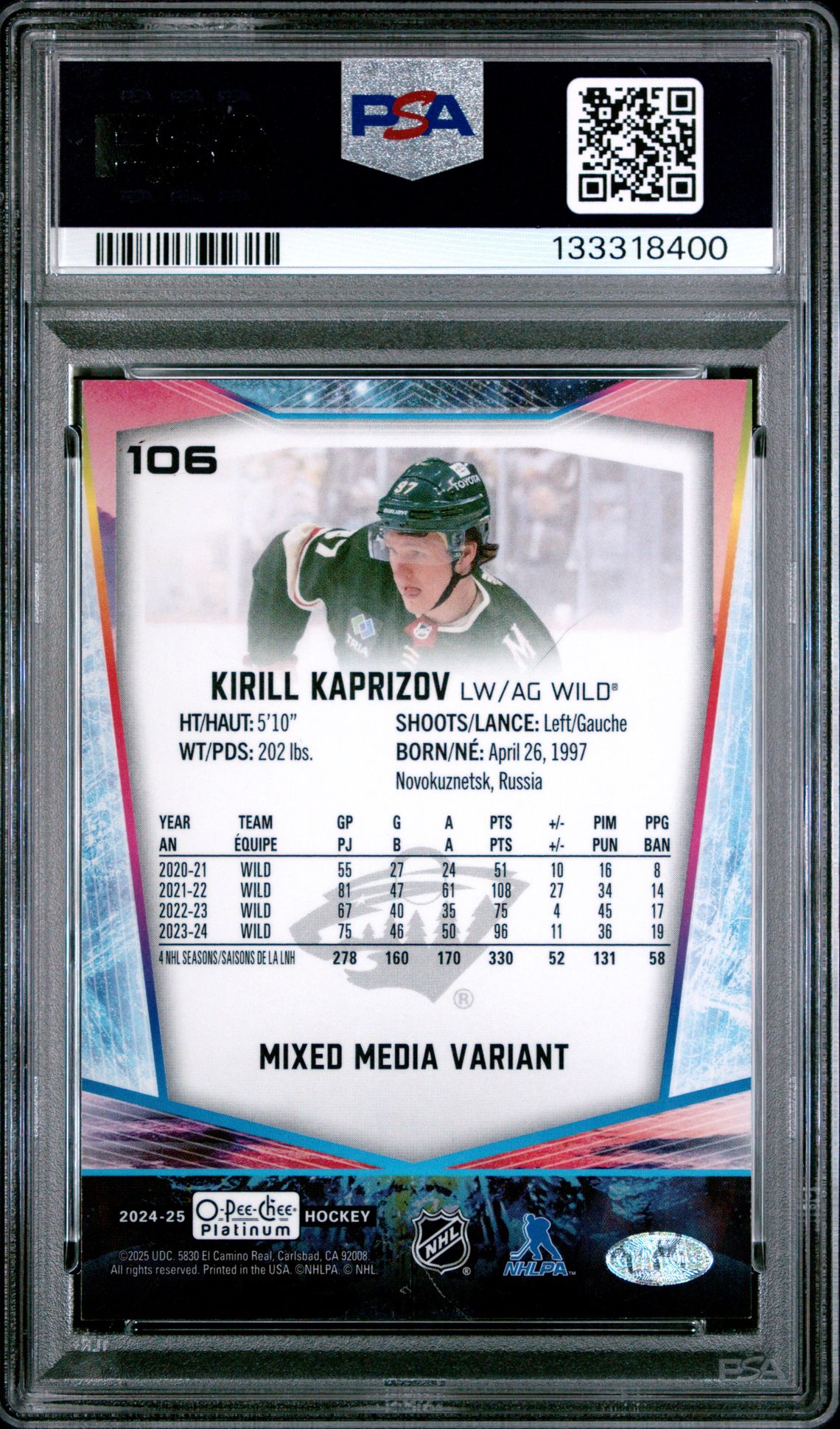 2024 Upper Deck O-Pee-Chee Platinum Kirill Kaprizov #106 (Mixed Media Variant) Mint 9 back