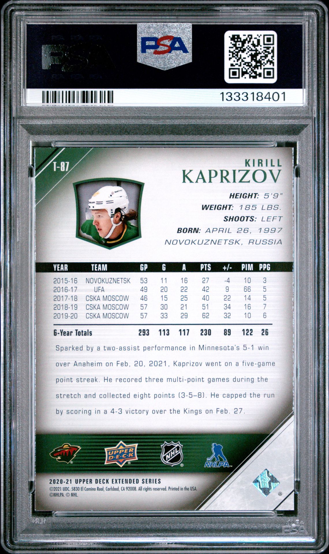 2020 Upper Deck 2005-06 Upper Deck Tribute Kirill Kaprizov #T-87 (05-06 Upper Deck Tribute) Mint 9 back
