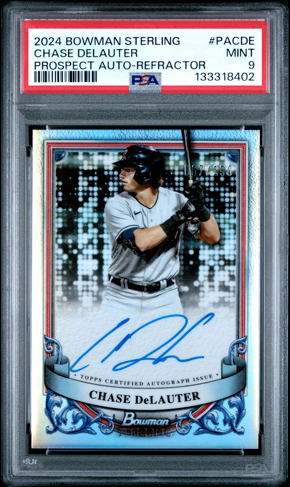 2024 Bowman Sterling Prospect Autographs Chase Delauter #Pacde (Prospect Auto-Refractor) Mint 9 front