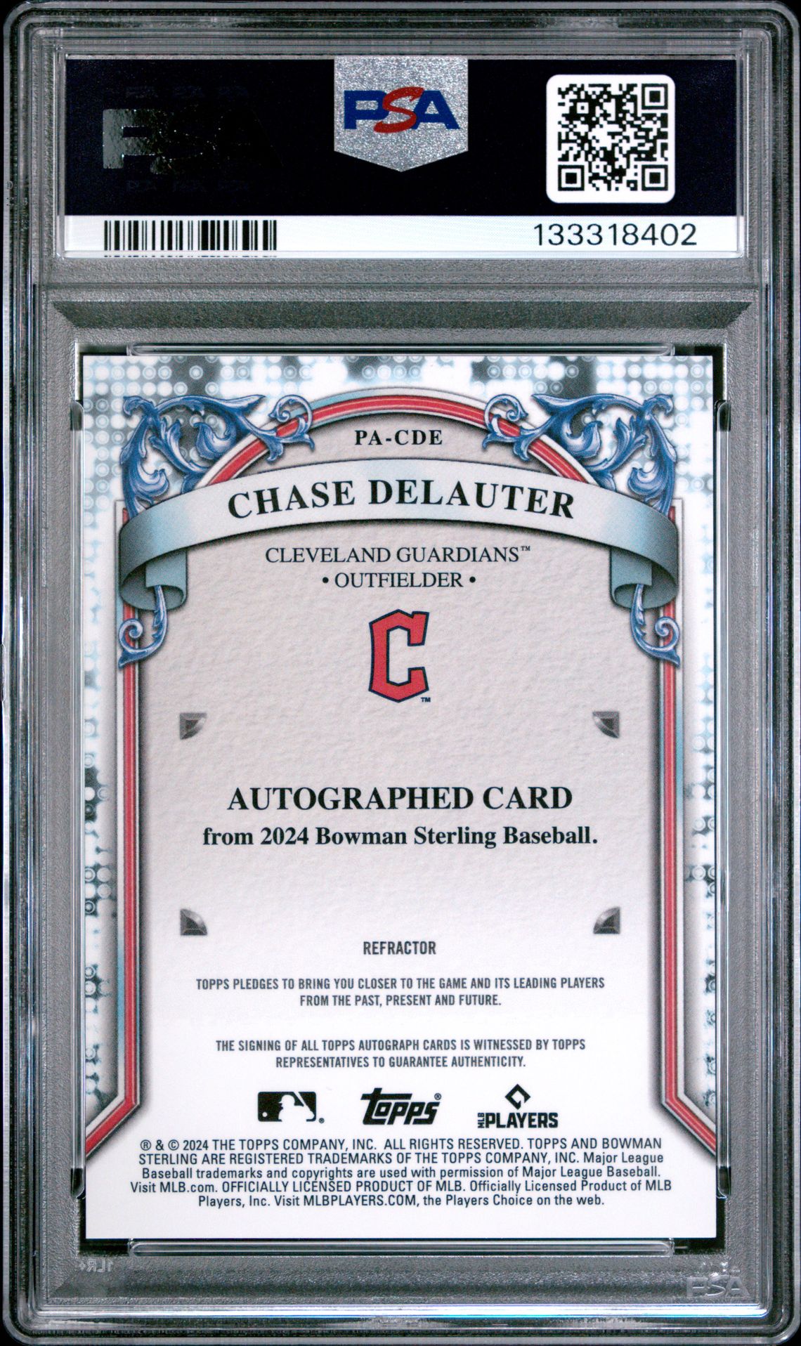 2024 Bowman Sterling Prospect Autographs Chase Delauter #Pacde (Prospect Auto-Refractor) Mint 9 back