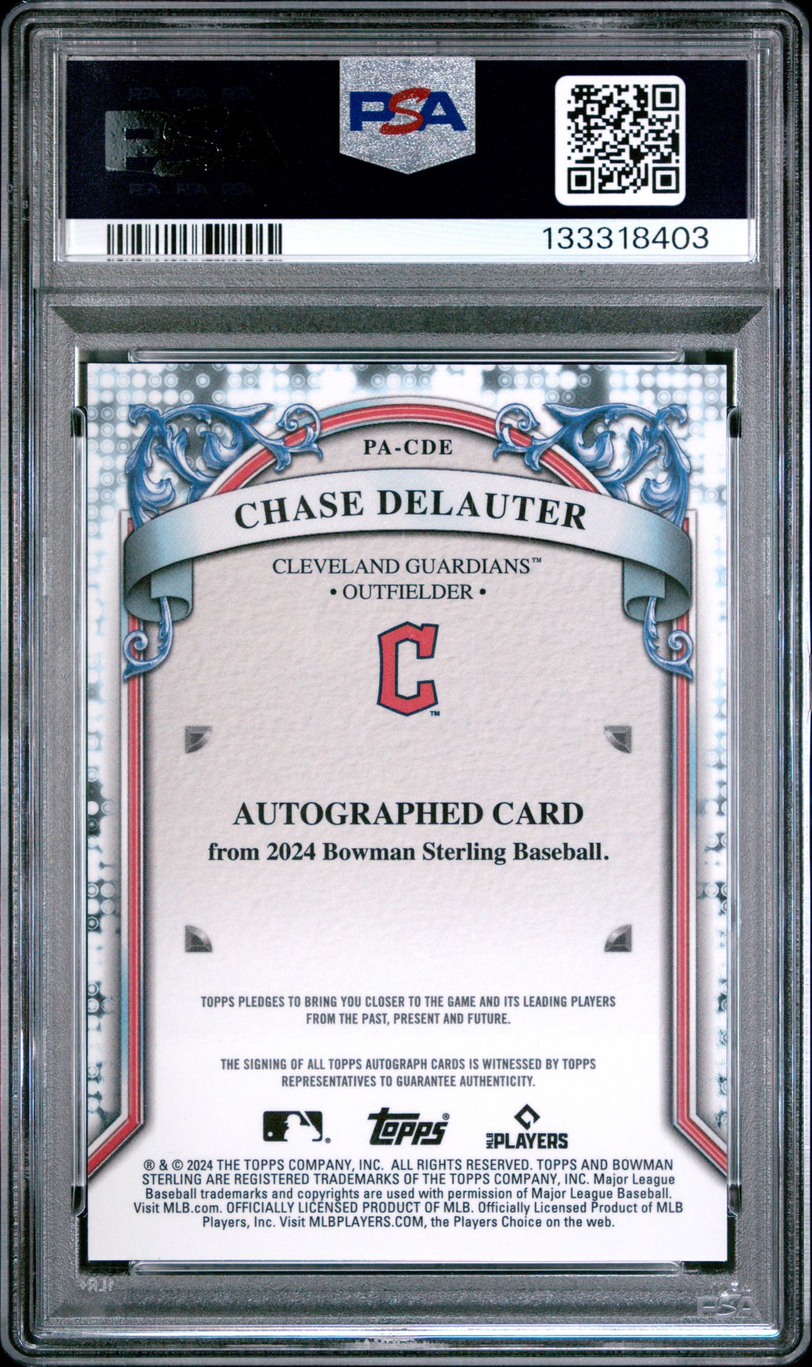 2024 Bowman Sterling Prospect Autographs Chase Delauter #Pacde (Prospect Au-Wave Refractor) Gem Mt 10 back