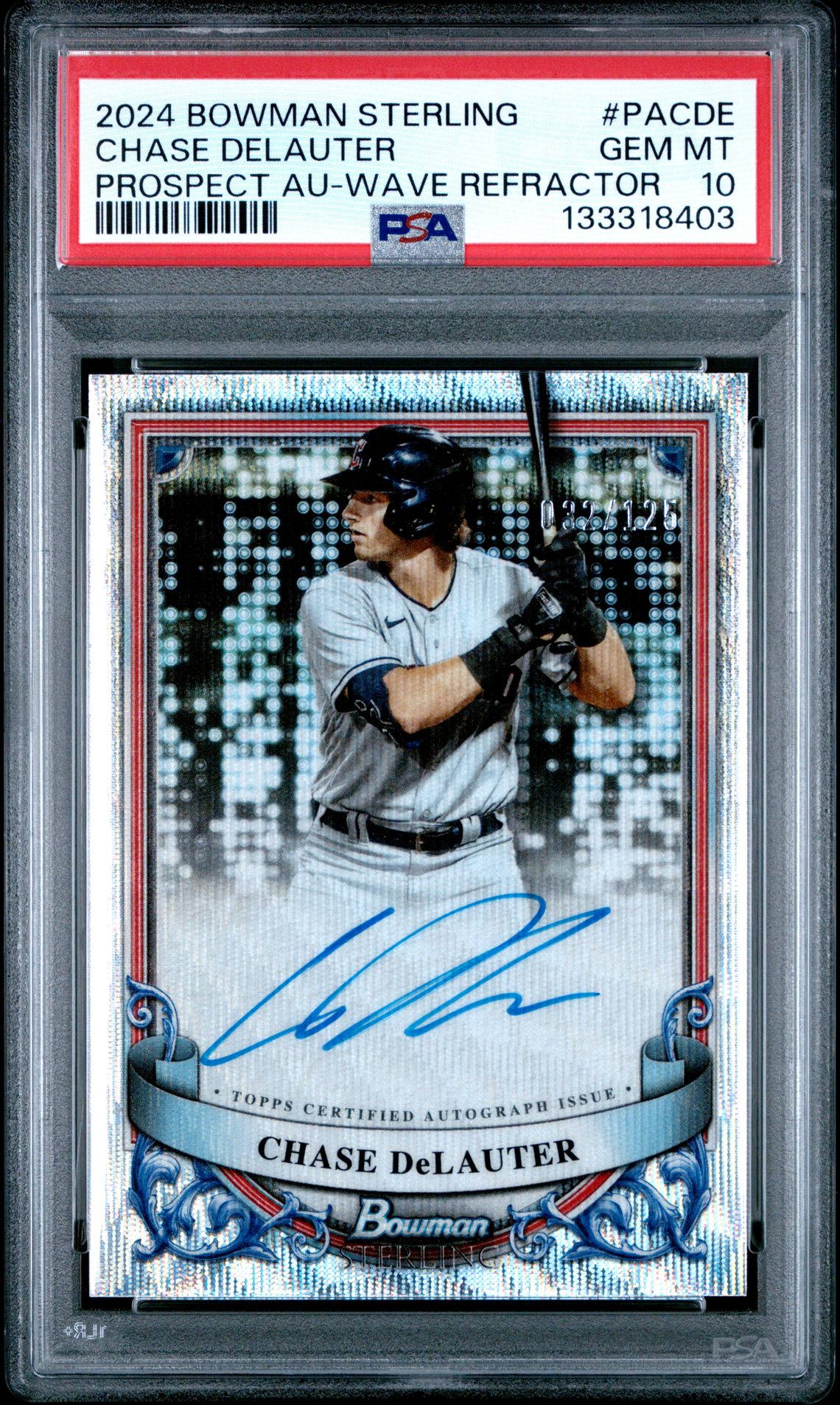 2024 Bowman Sterling Prospect Autographs Chase Delauter #Pacde (Prospect Au-Wave Refractor) Gem Mt 10 front