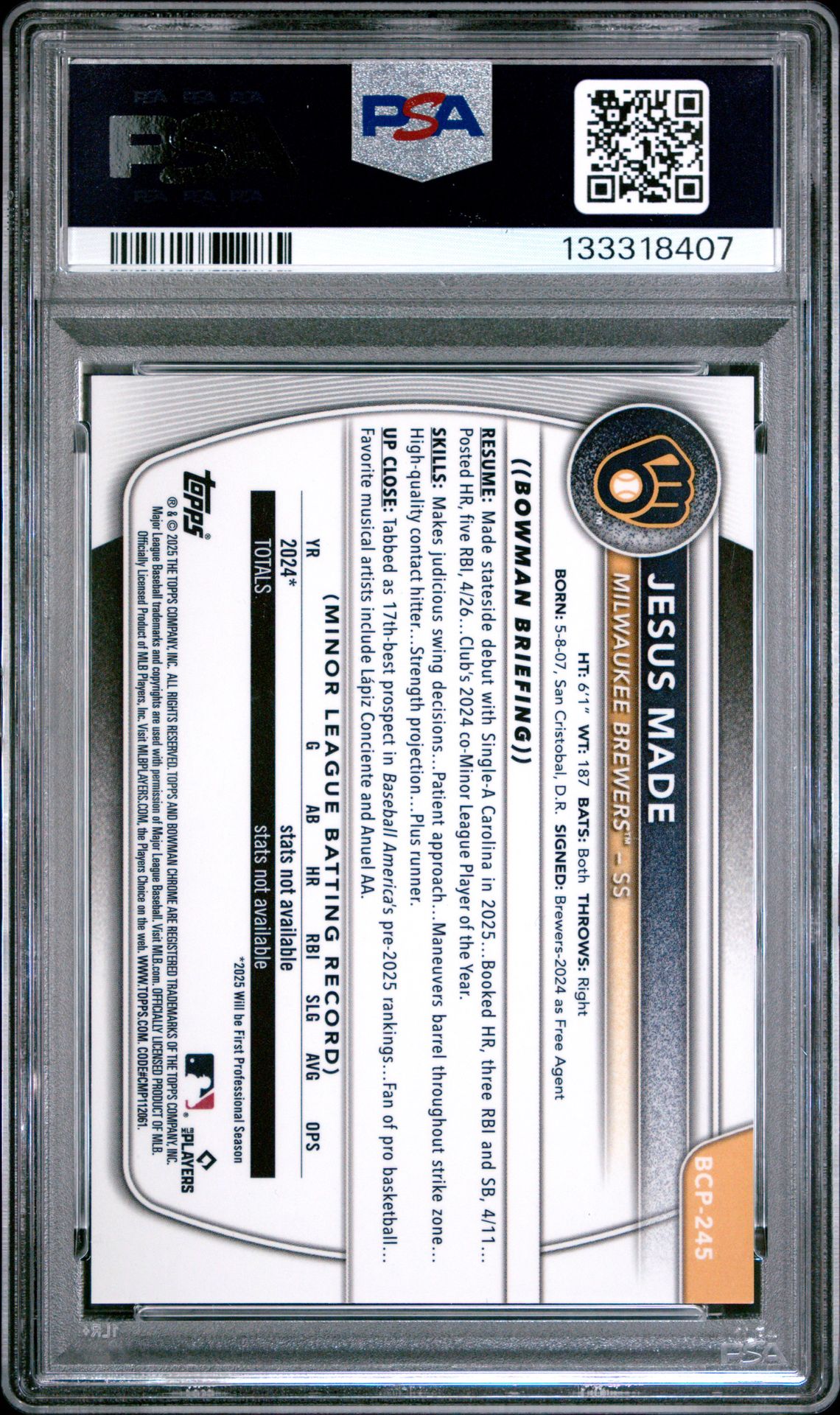 2025 Bowman Chrome Prospects Jesus Made #Bcp245 (Prospects-Gold Wave) Gem Mt 10 back