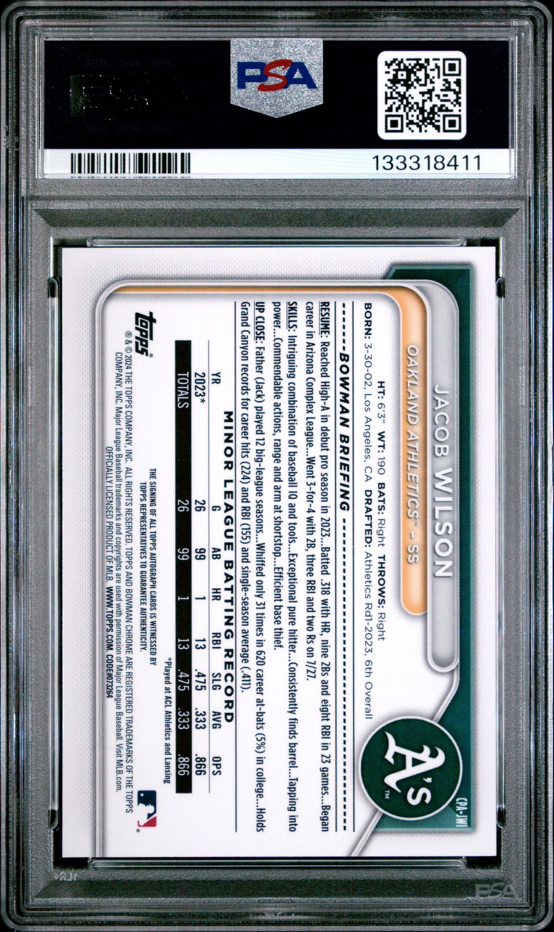 2024 Bowman Chrome Prospect Autographs Jacob Wilson #Cpajwi Gem Mt 10 back