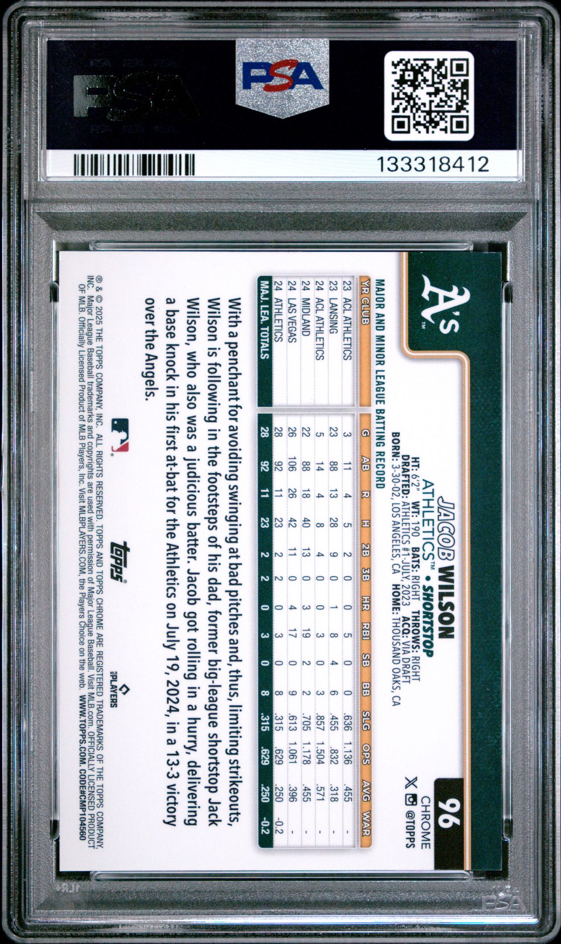 2025 Topps Chrome Sapphire Jacob Wilson #96 (Variation) Mint 9 back