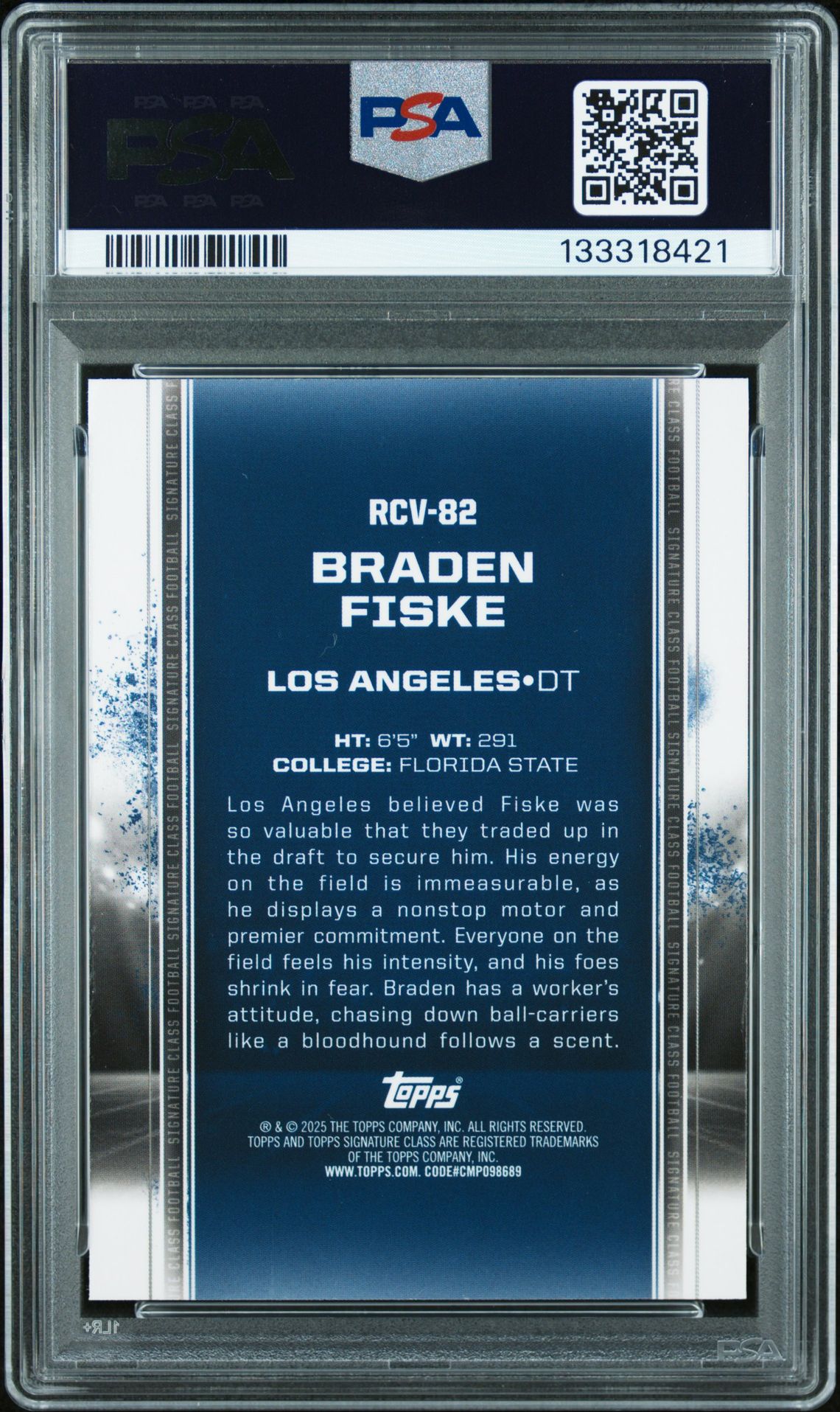 2024 Topps Signature Class Rookie Class Base Chrome Variation Braden Fiske #Rcv82 (Rk Class Chr Var-Green Ref) Gem Mt 10 back