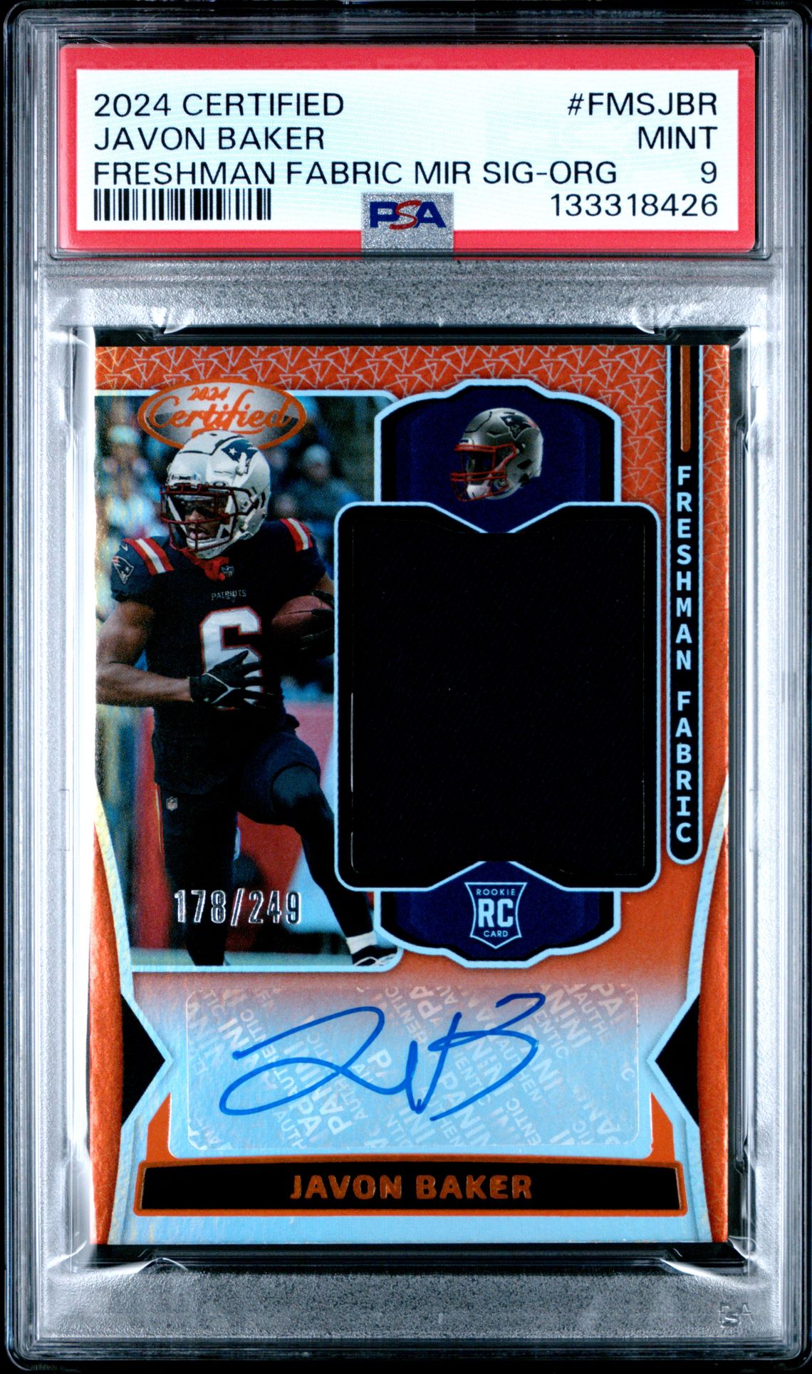 2024 Panini Certified Freshman Fabric Mirror Signatures Javon Baker #Fmsjbr (Freshman Fabric Mir Sig-Org) Mint 9 front