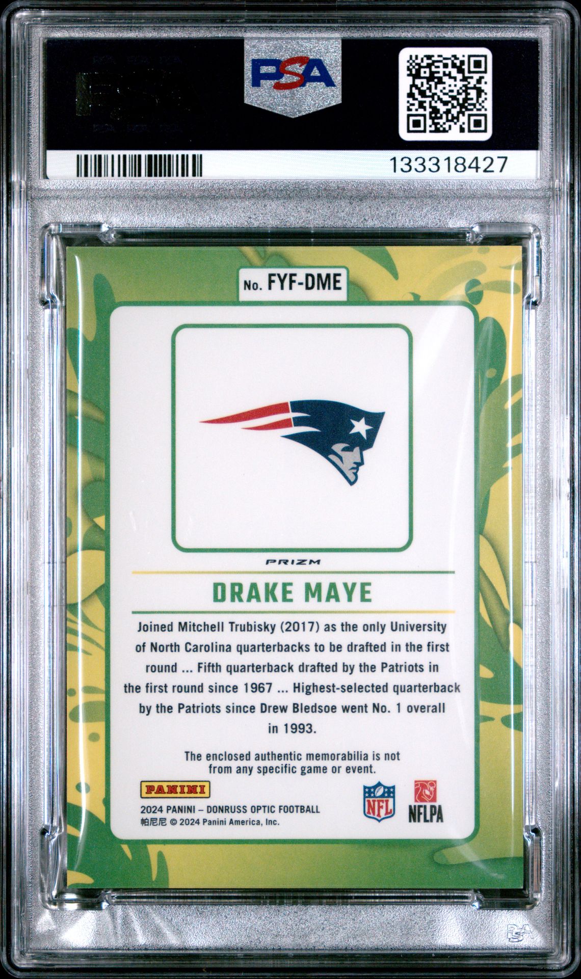 2024 Panini Donruss Optic First Year Fresh Relic Drake Maye #Fyfdme Mint 9 back