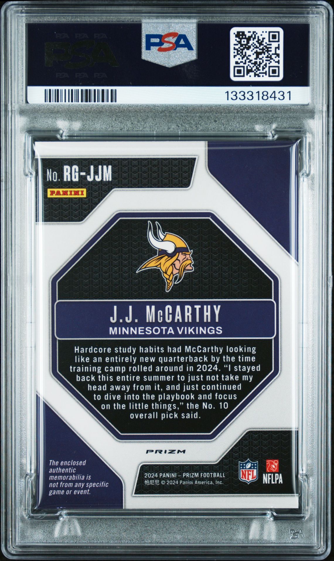 2024 Panini Prizm Rookie Gear Jj Mccarthy #Rgjjm (Rk Gear-Neon Green Pulsar) Mint 9 back