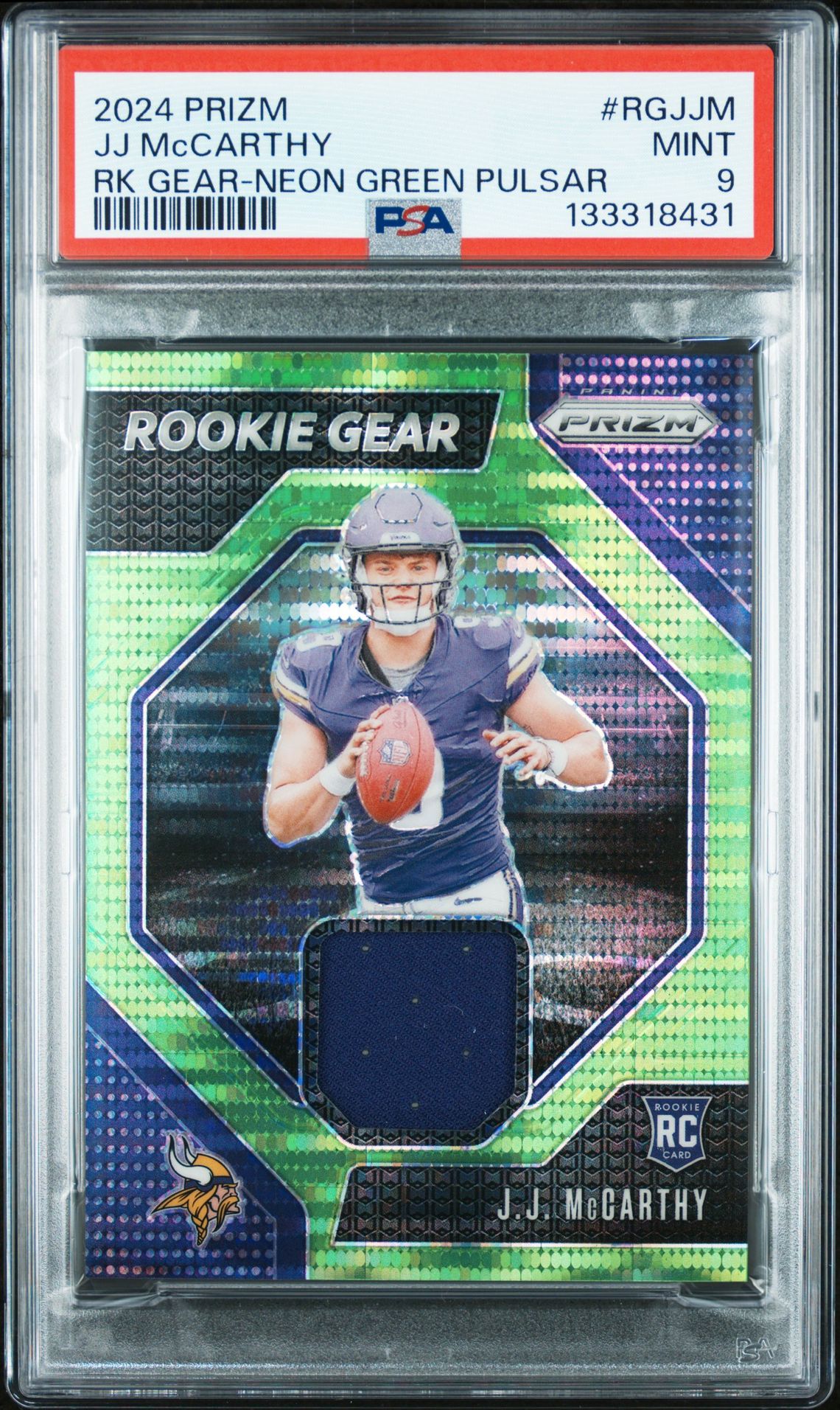 2024 Panini Prizm Rookie Gear Jj Mccarthy #Rgjjm (Rk Gear-Neon Green Pulsar) Mint 9 front