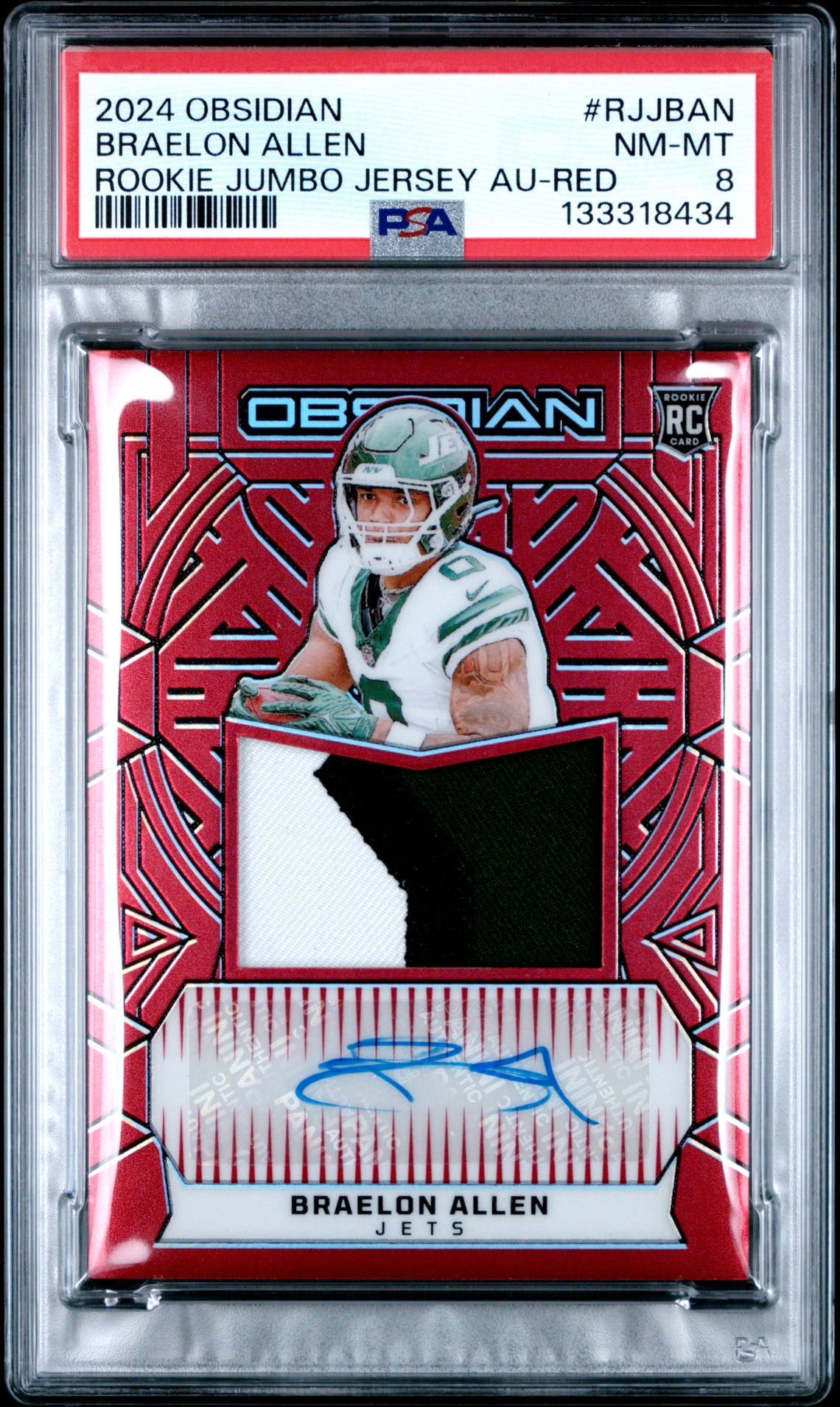2024 Panini Obsidian Rookie Jumbo Jersey Autographs Braelon Allen #Rjjban (Rookie Jumbo Jersey Au-Red) Nm-Mt 8 front