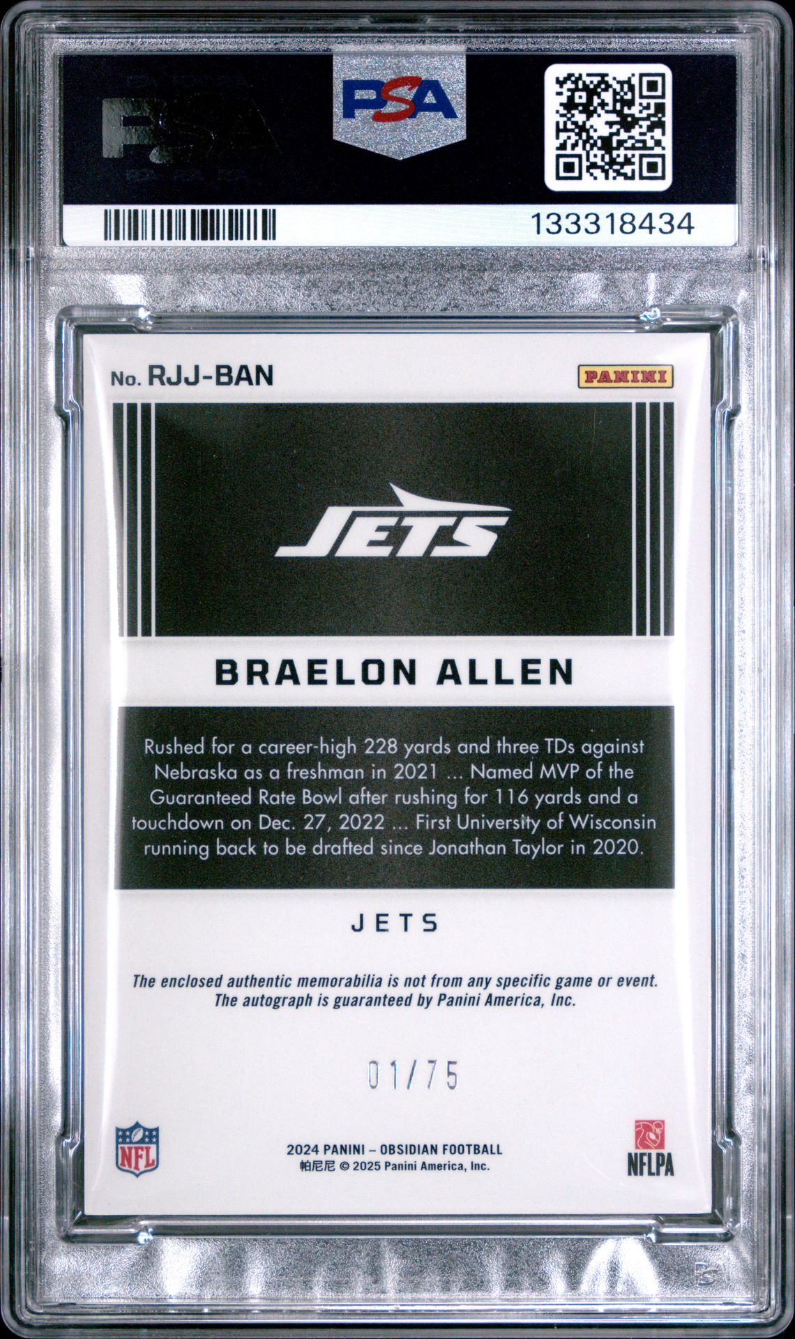 2024 Panini Obsidian Rookie Jumbo Jersey Autographs Braelon Allen #Rjjban (Rookie Jumbo Jersey Au-Red) Nm-Mt 8 back