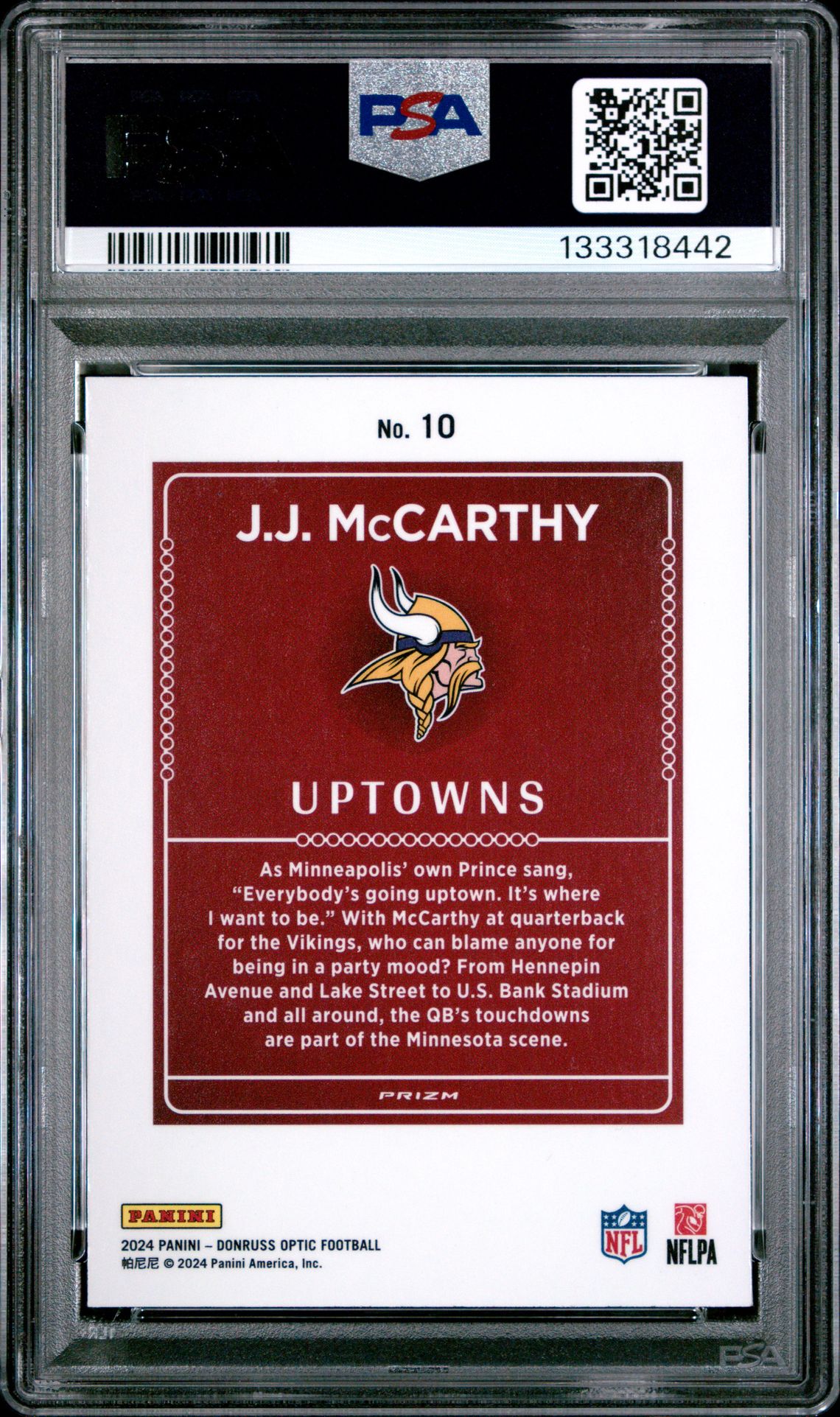 2024 Panini Donruss Optic Uptowns Jj Mccarthy #10 Gem Mt 10 back