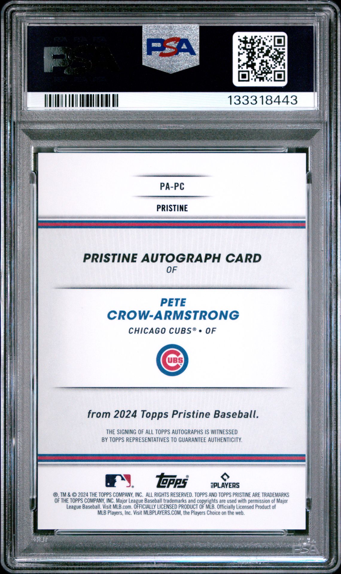 2024 Topps Pristine Pristine Autographs Pete Crow-Armstrong #Papc (Autograph-Purple Pristine) Gem Mt 10 back