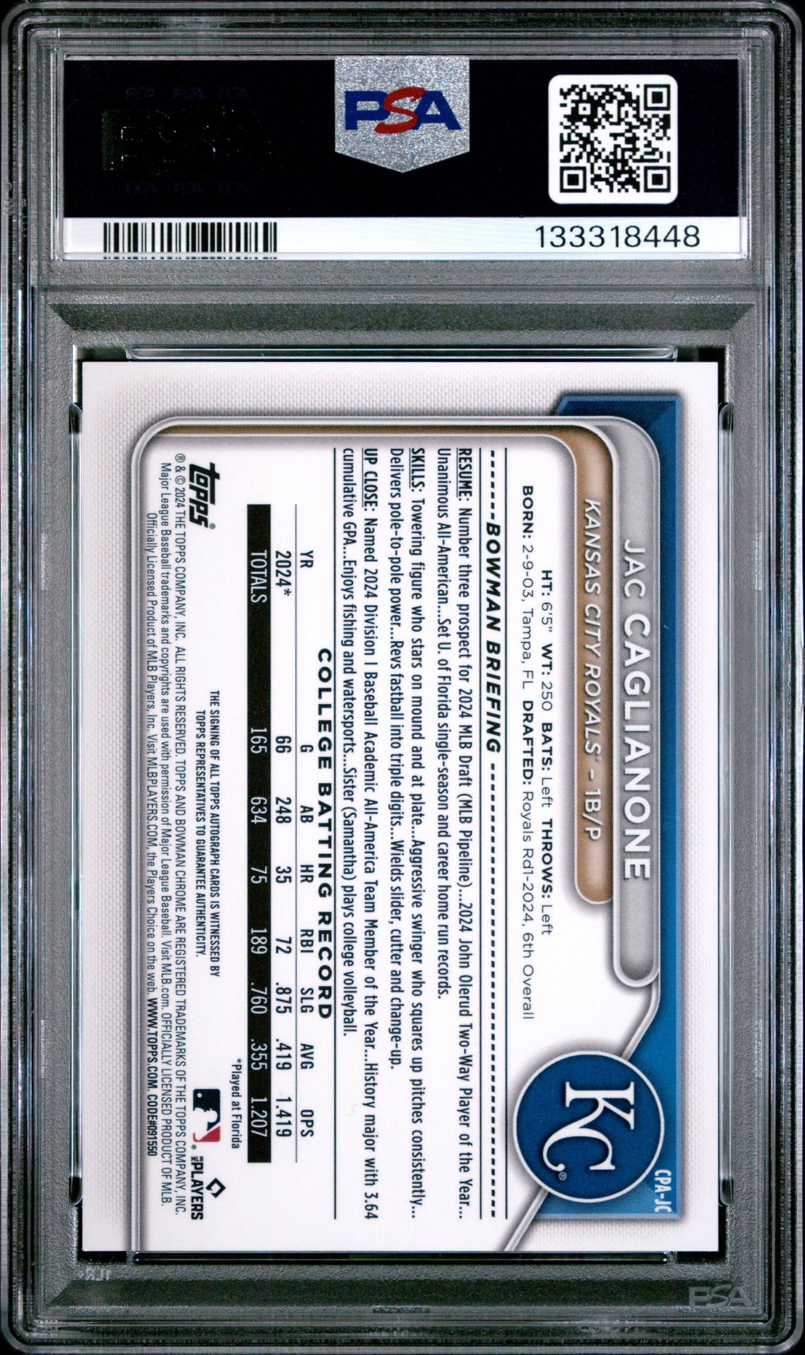 2024 Bowman Draft Chrome Prospect Autographs Jac Caglianone #Cpajc Gem Mt 10 back