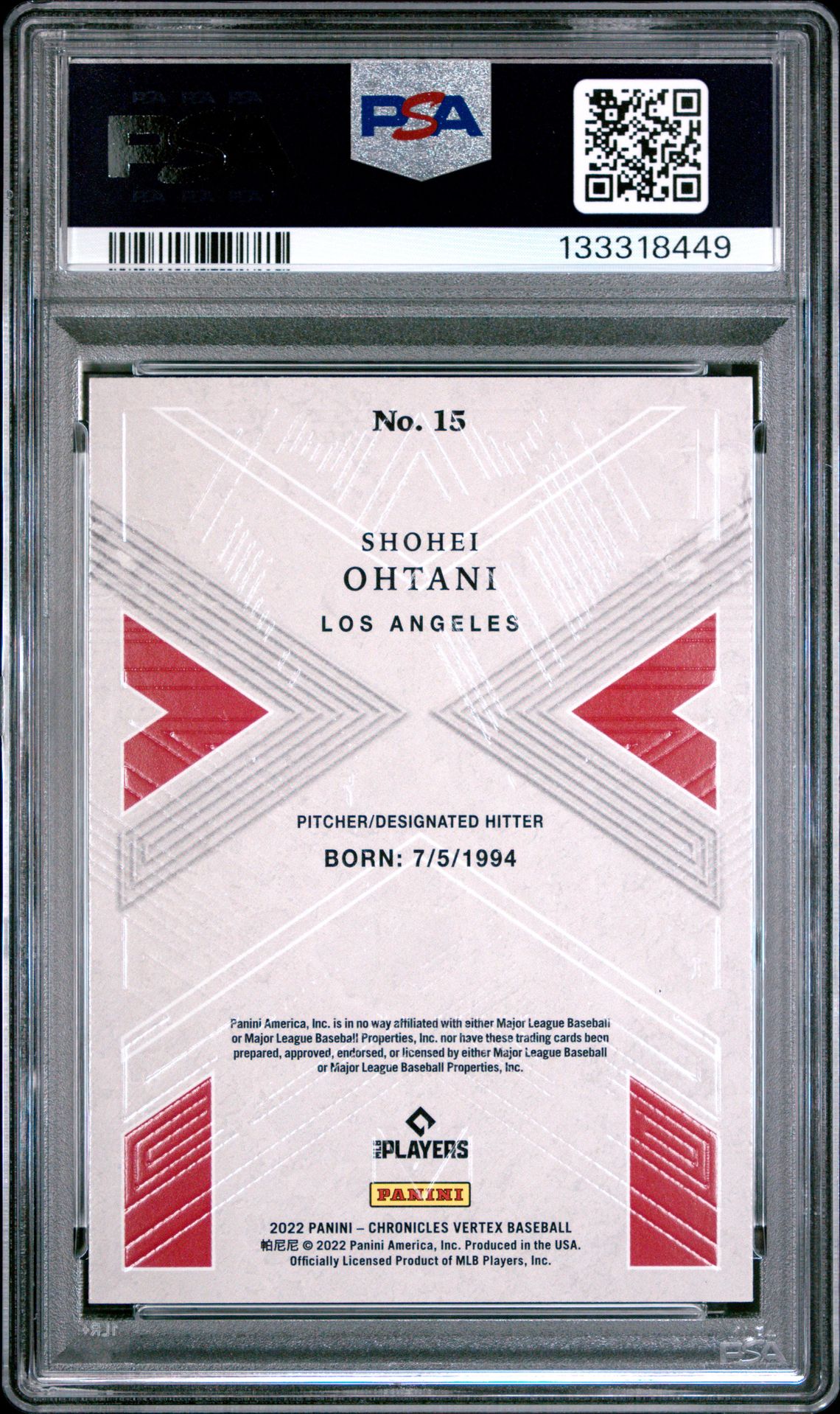 2022 Panini Chronicles Vertex Shohei Ohtani #15 (Vertex) Gem Mt 10 back