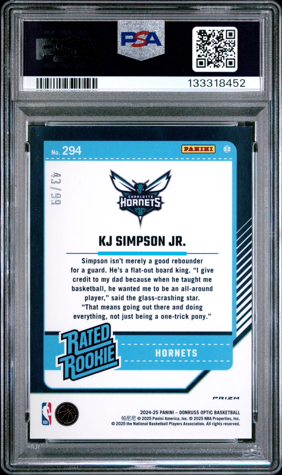 2024 Panini Donruss Optic Kj Simpson Jr. #294 (Purple Fast Break) Gem Mt 10 back