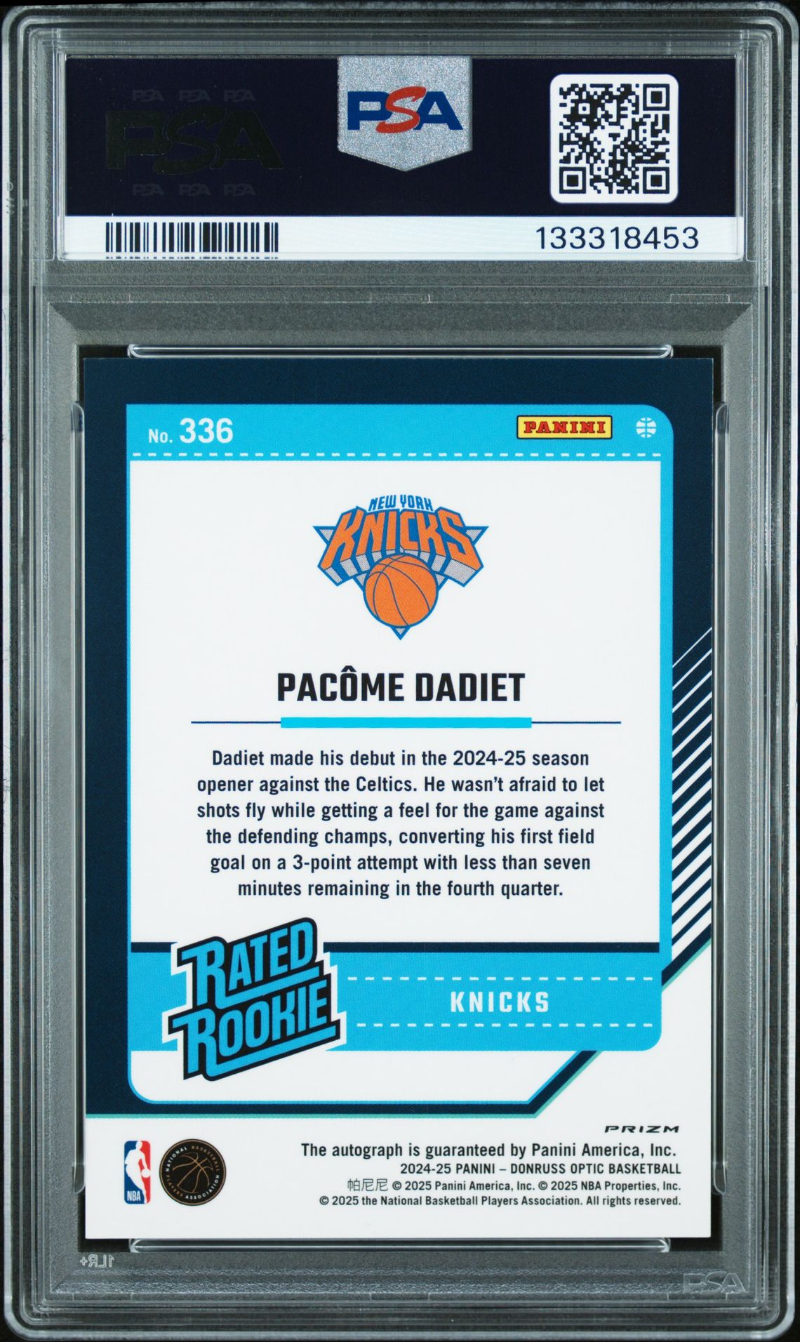 2024 Panini Donruss Optic Pacome Dadiet #336 (Signature-Holo) Gem Mt 10 back