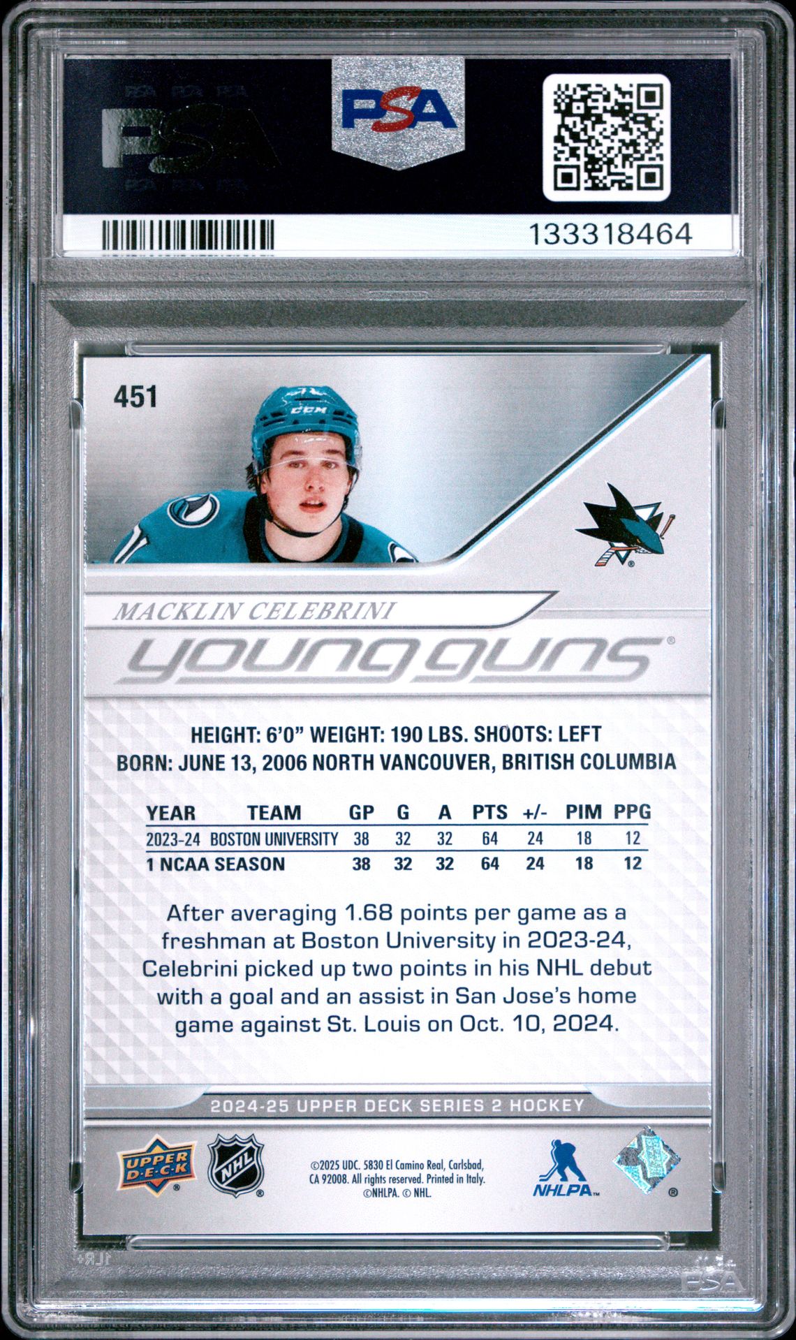 2024 Upper Deck Macklin Celebrini #451 Mint 9 back