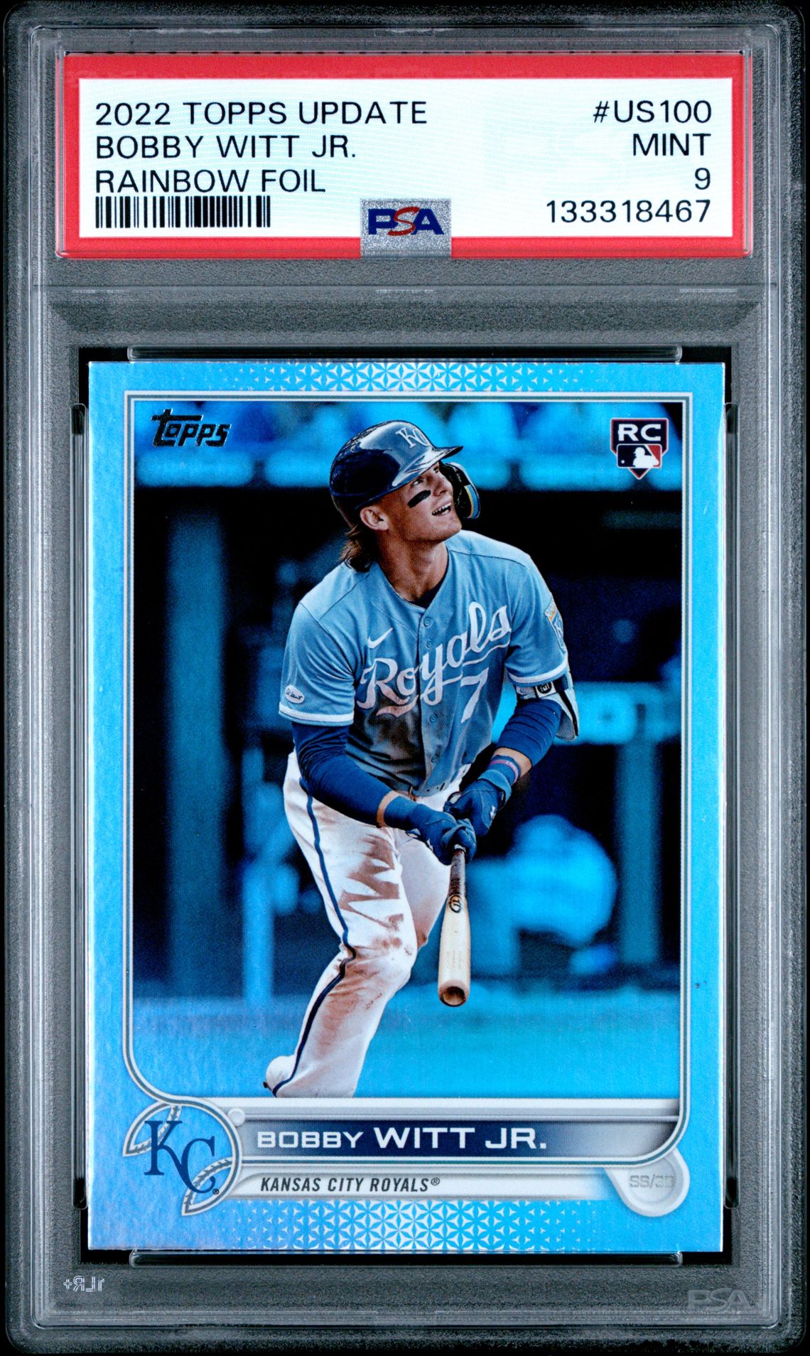 2022 Topps Update Bobby Witt Jr. #Us100 (Rainbow Foil) Mint 9 front