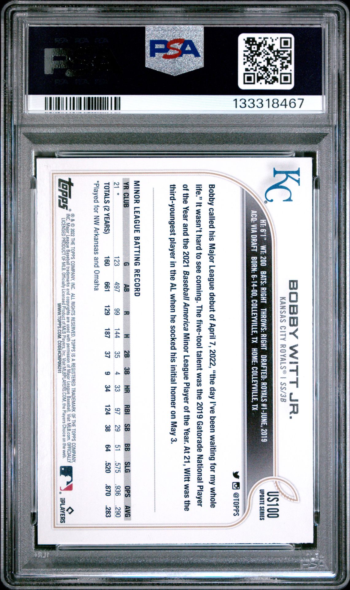 2022 Topps Update Bobby Witt Jr. #Us100 (Rainbow Foil) Mint 9 back