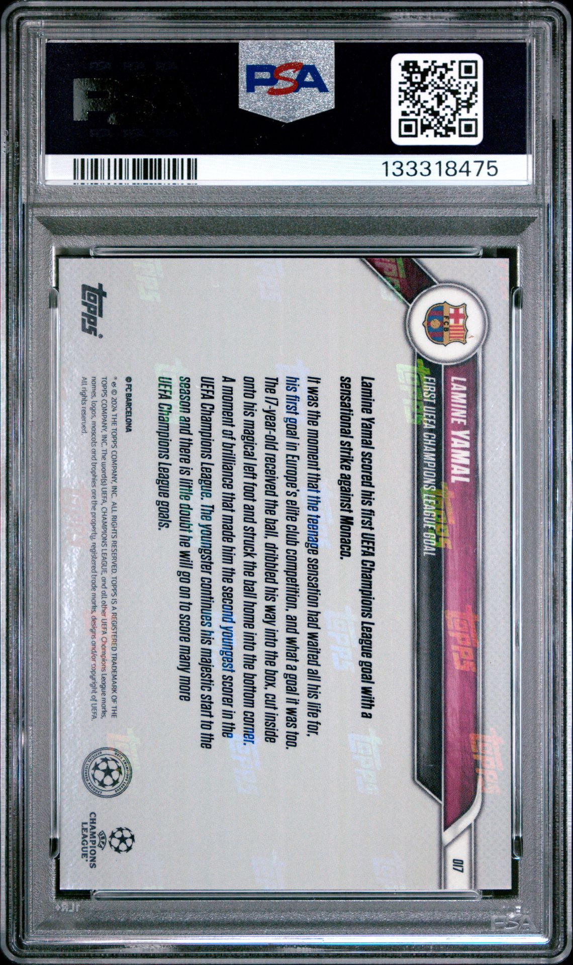 2024-25 Topps Now Uefa Champions League Lamine Yamal #17 Gem Mt 10 back view - PSA certificate #133318475