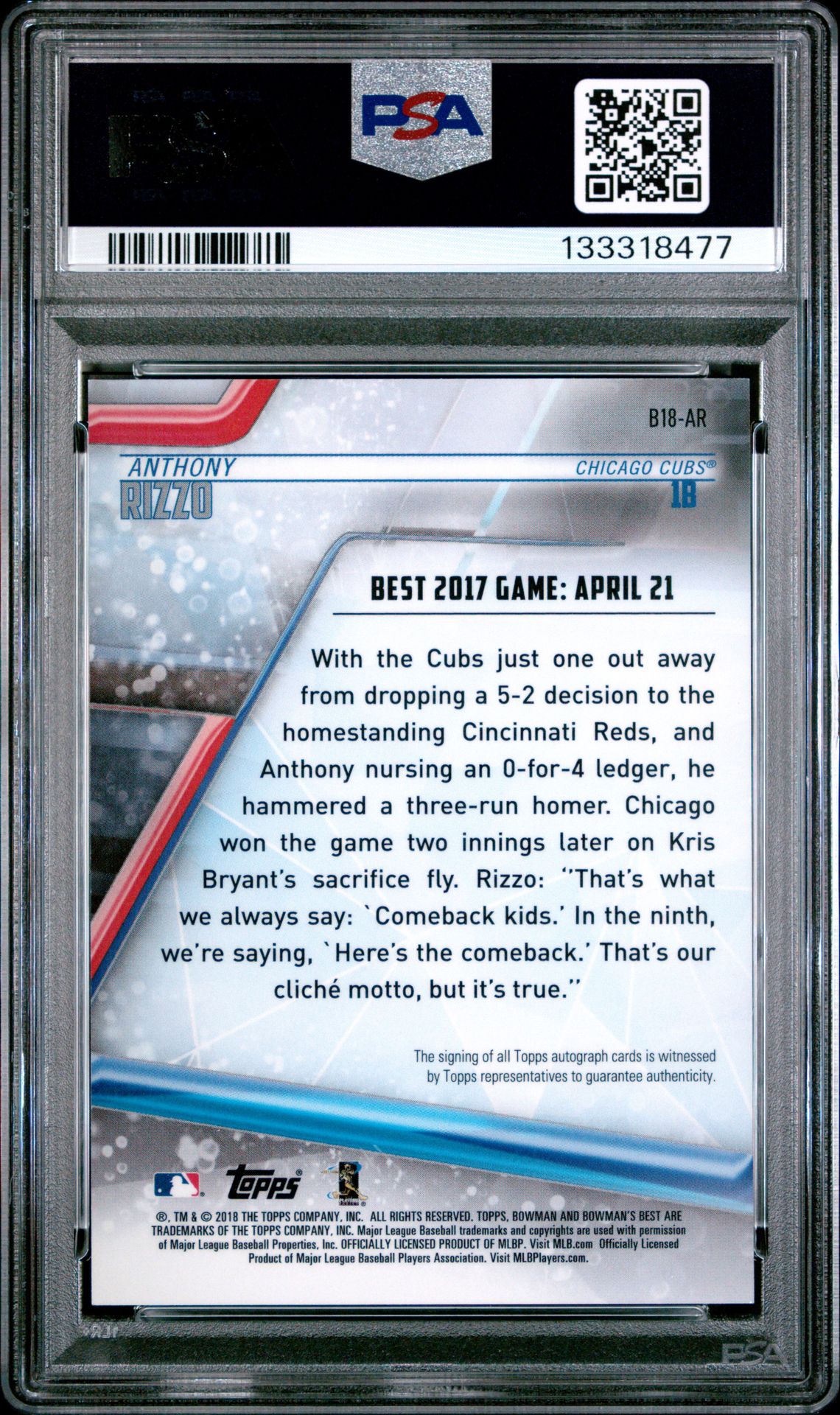 2018 Bowman's Best Best Of 2018 Autographs Anthony Rizzo #B18Ar (Best Of 2018 Autographs) Gem Mt 10 back