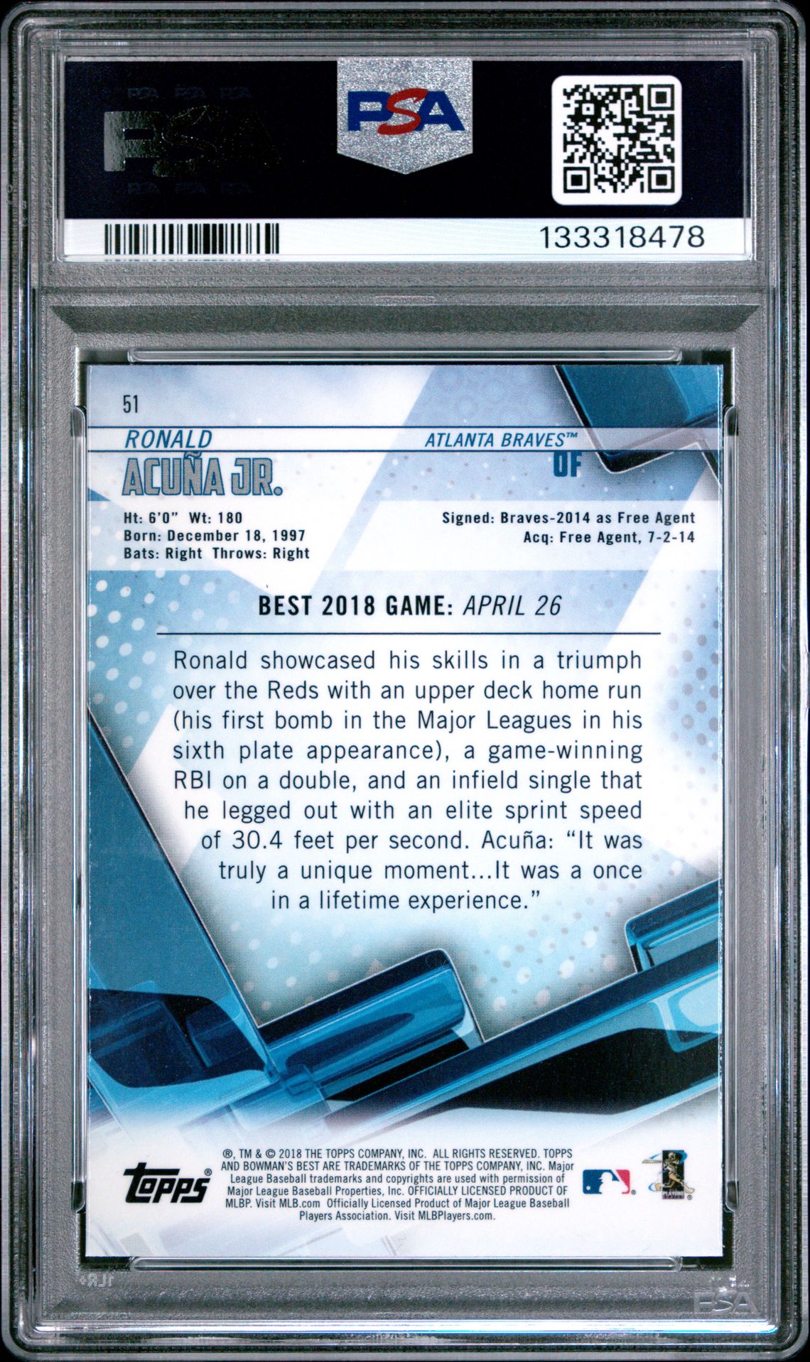 2018 Bowman's Best Ronald Acuna Jr. #51 Gem Mt 10 back