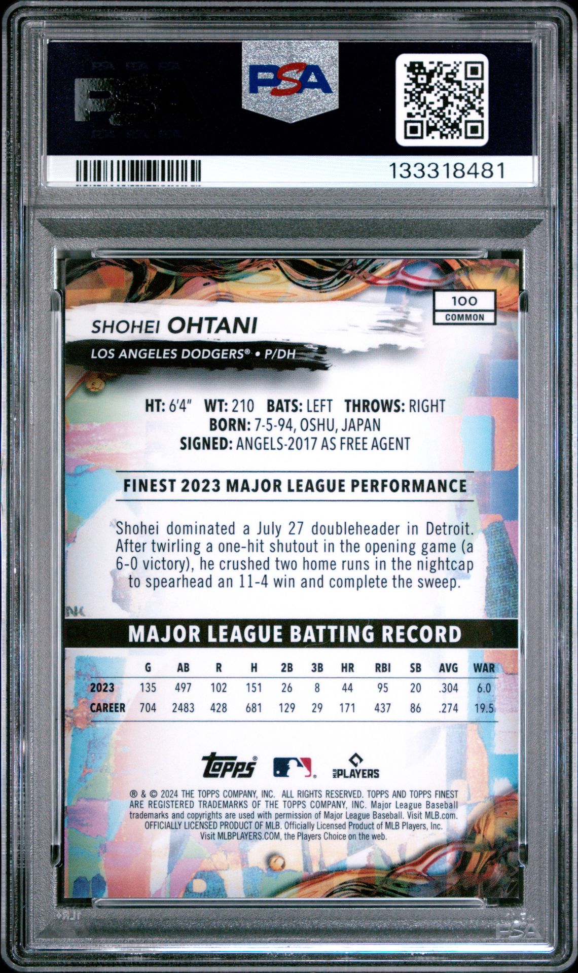 2024 Topps Finest Shohei Ohtani #100 (Purple Checkerboard Ref) Gem Mt 10 back