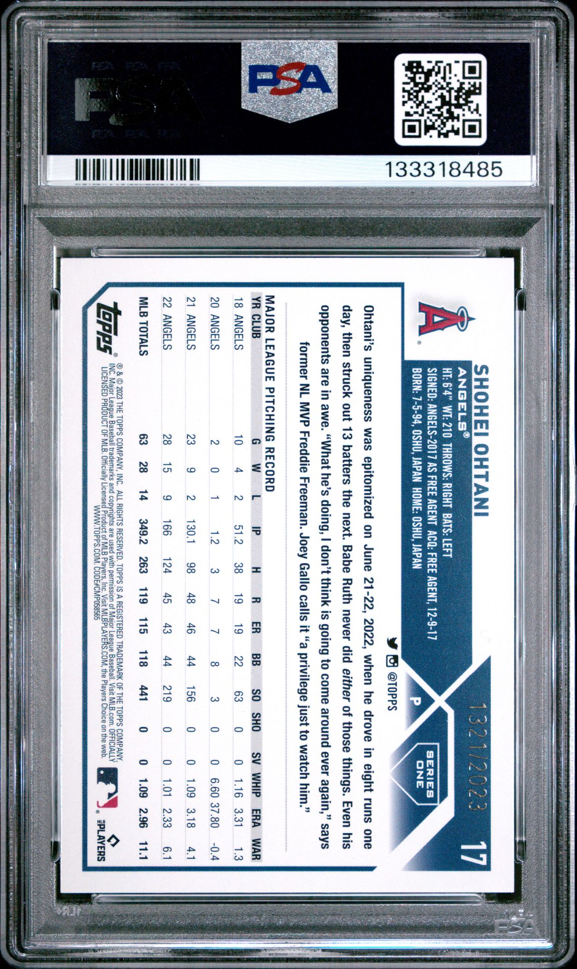 2023 Topps Shohei Ohtani #17 (Gold) Mint 9 back