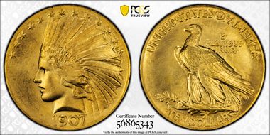 1907 $10 Indian, Wire Rim MS66
