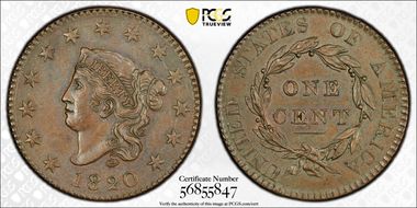 1820 1C Large Date AU58BN