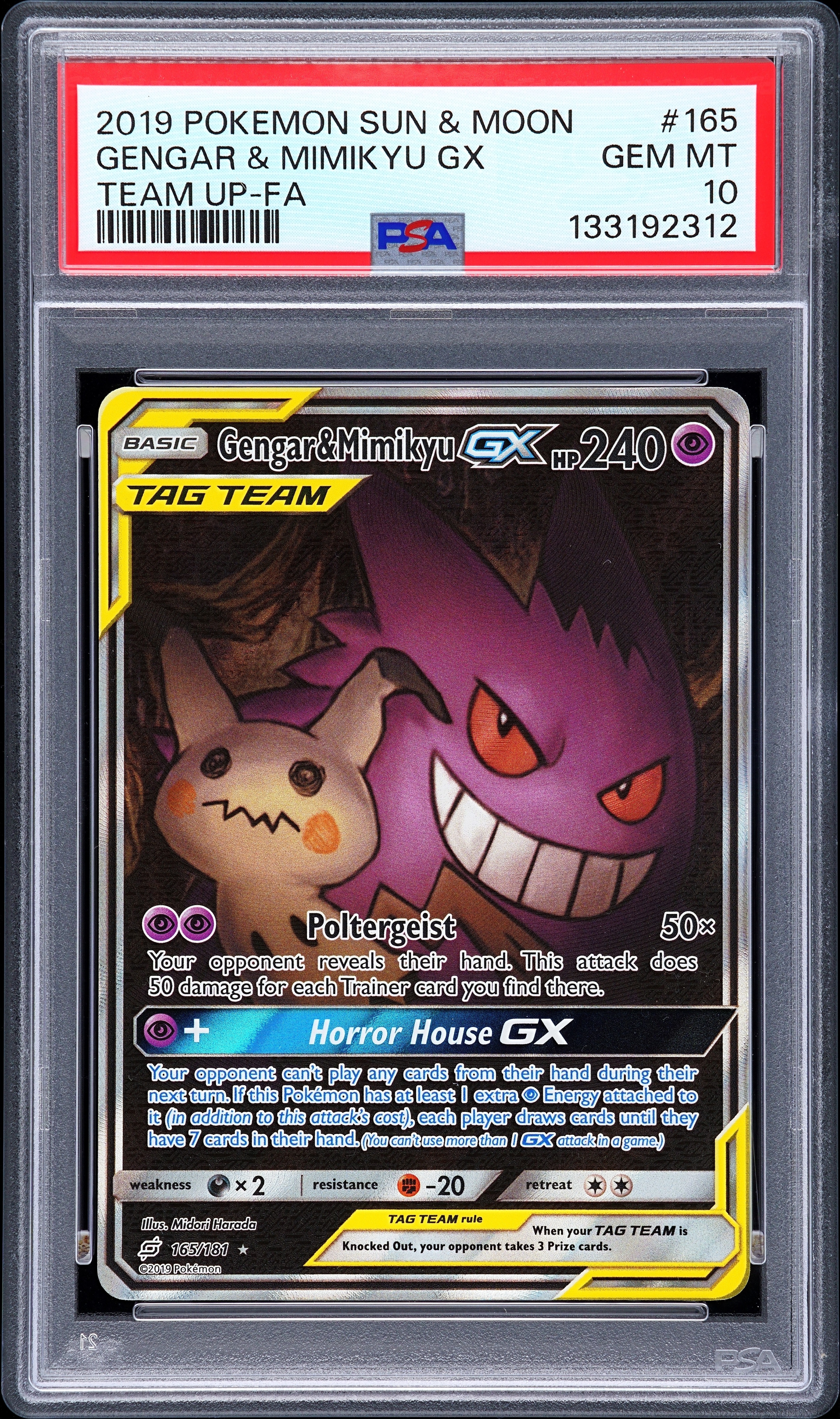 2019 POKEMON SUN & MOON TEAM UP #165 FULL ART/GENGAR & MIMIKYU GX PSA 10
