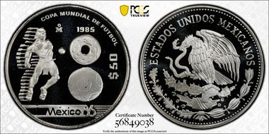 1985-Mo 50 Peso World Cup KM-504 PR69DCAM