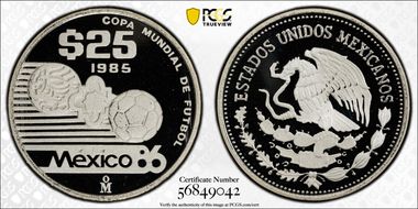 1985-Mo 25 Peso World Cup KM-503 PR69DCAM
