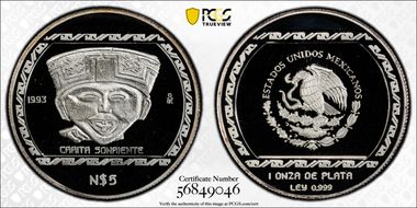 1993-Mo 5 Peso Carita Sonriente T-1 KM-584  Ag PR69DCAM