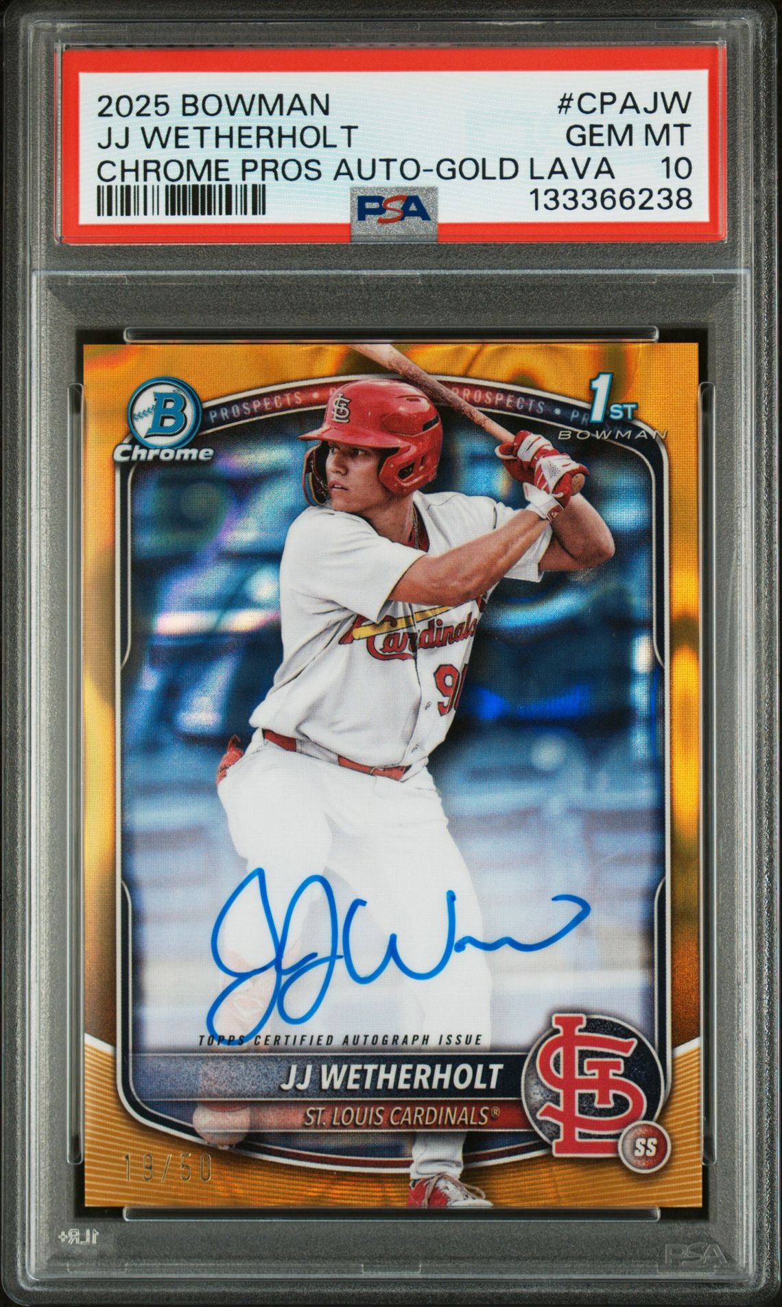 2025 Bowman CHROME PROS AUTO-GOLD LAVA #CPAJW Jj Wetherholt front