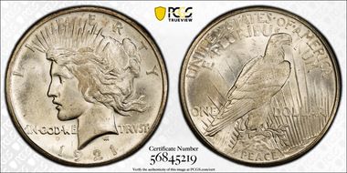 1921 $1 High Relief, Peace MS66