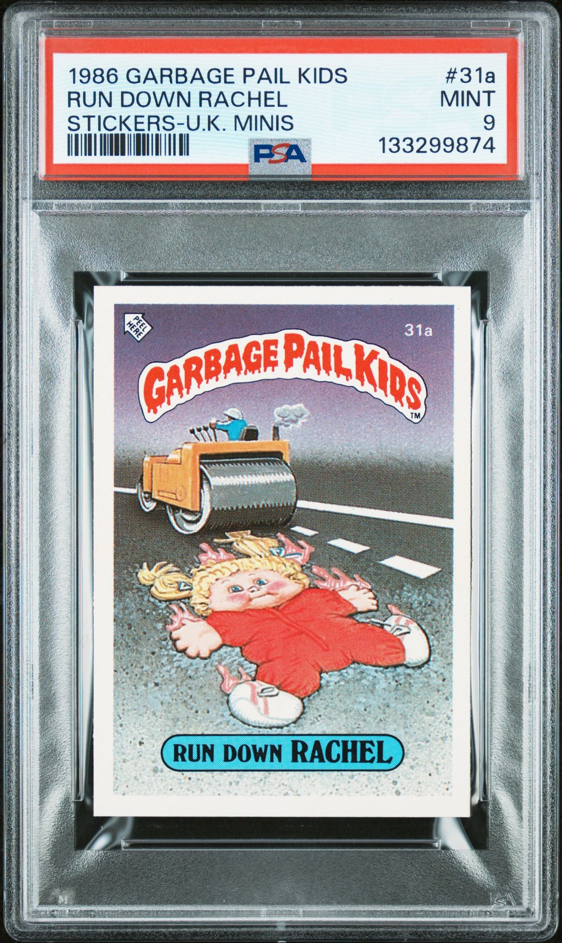1986 Topps GARBAGE PAIL KIDS STICKERS-U.K. MINIS #31A Run Down Rachel front