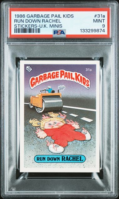 1986 Topps GARBAGE PAIL KIDS STICKERS-U.K. MINIS STICKERS-U.K. MINIS #31A Run Down Rachel front